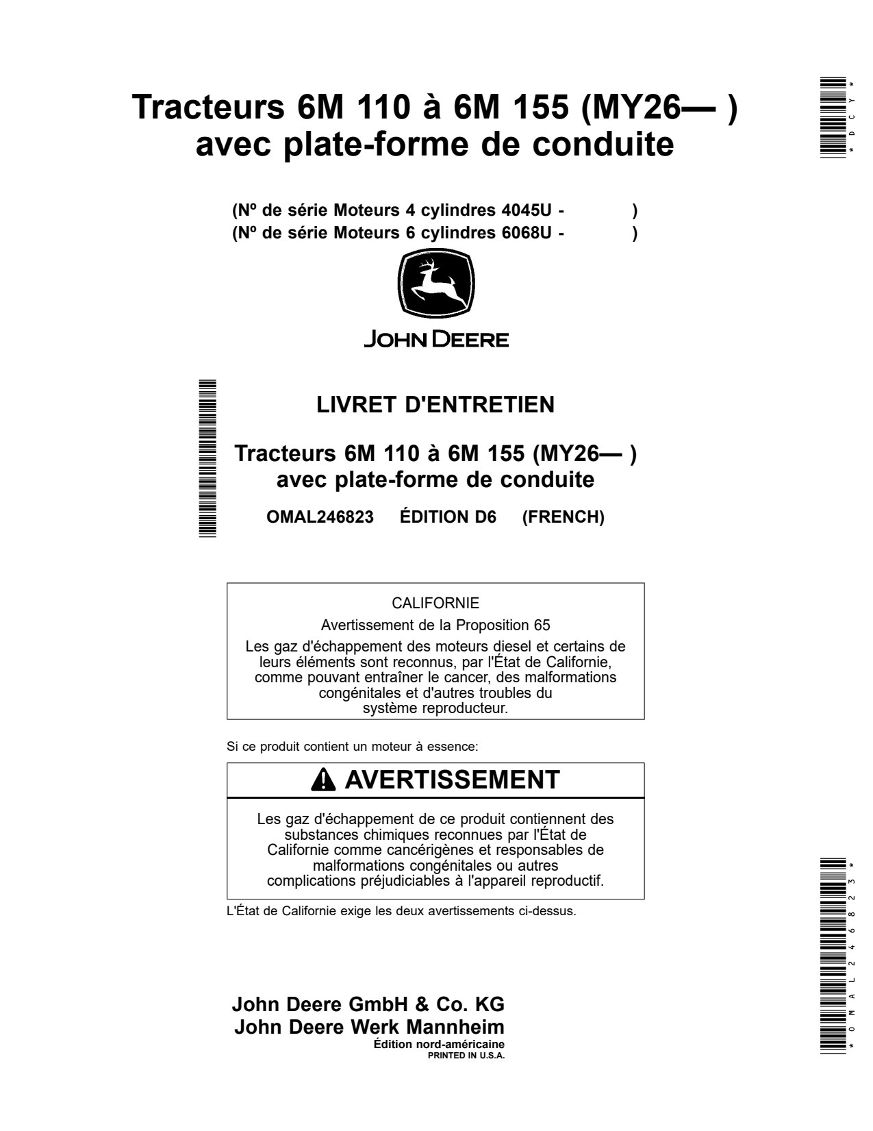 John Deere 6800 6M 110 155 MY26 4045U 6068U Tractor Operator Manual OMAL246823 FR 1 John Deere 6800 6M 110 155 MY26 4045U 6068U Tractor Operator Manual OMAL246823 FR