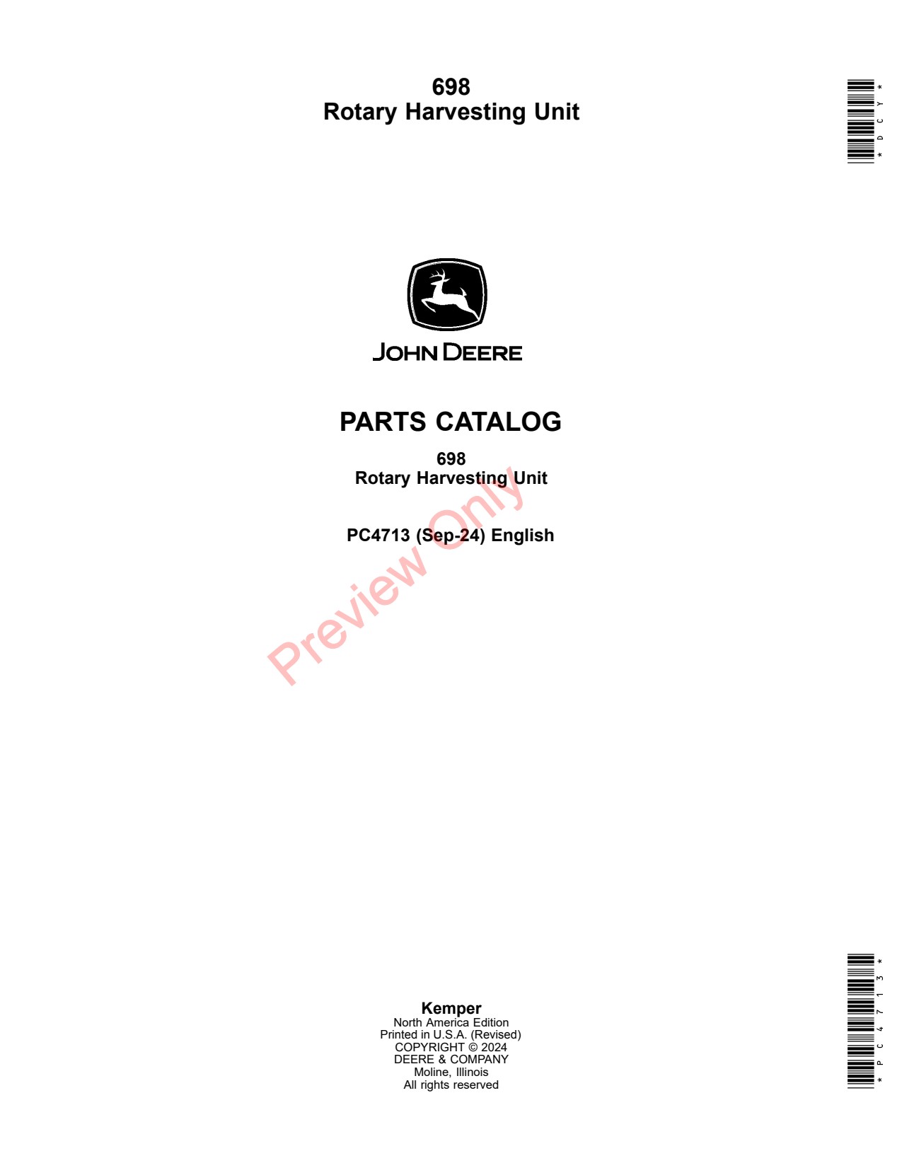 John Deere 698 Rotary Harvesting Unit Parts Catalog PC4713 1 John Deere 698 Rotary Harvesting Unit Parts Catalog PC4713