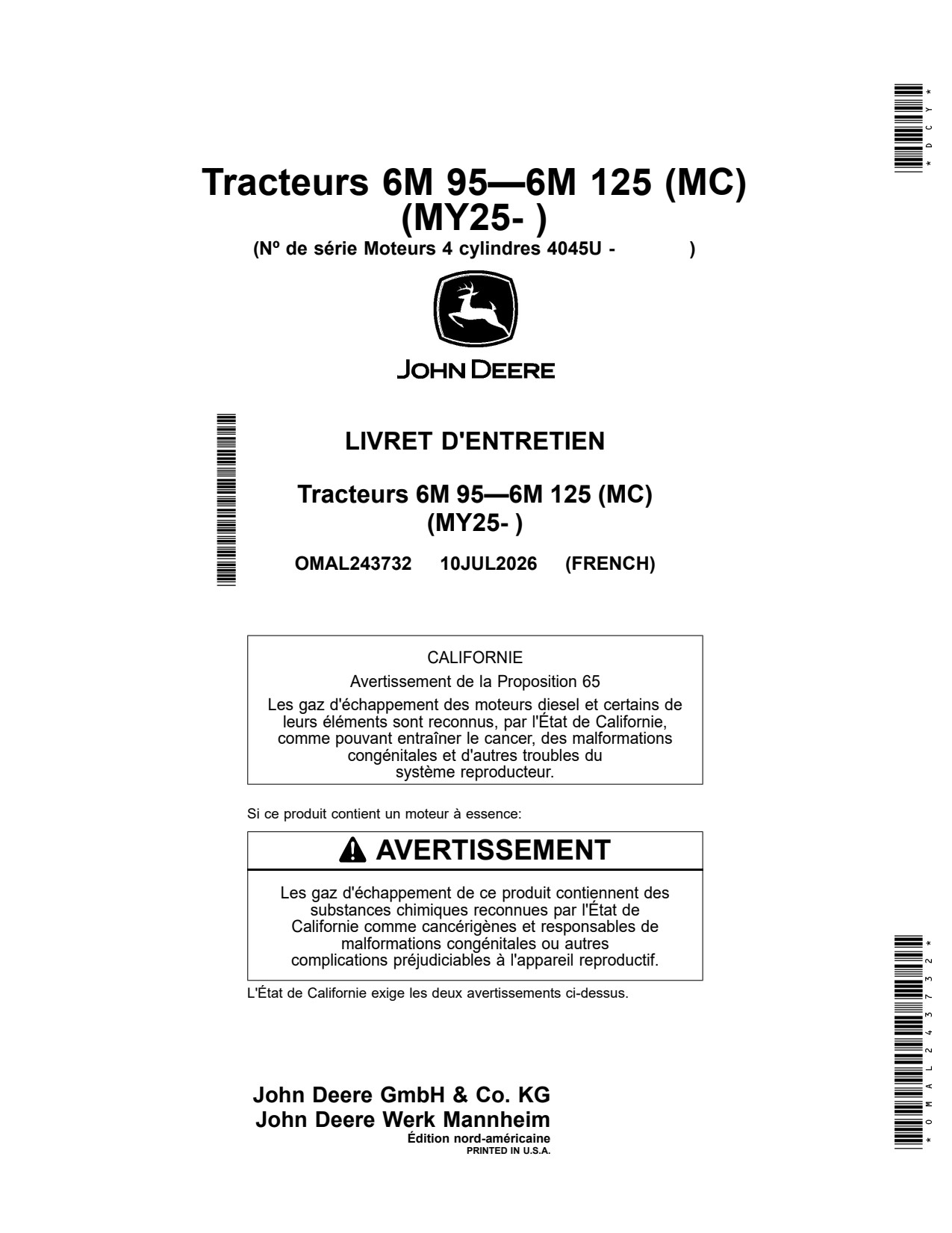 John Deere 6M 095 to 125 95 Tractor Operator Manual OMAL243732 FR 1 John Deere 6M 095 to 125 95 Tractor Operator Manual OMAL243732 FR