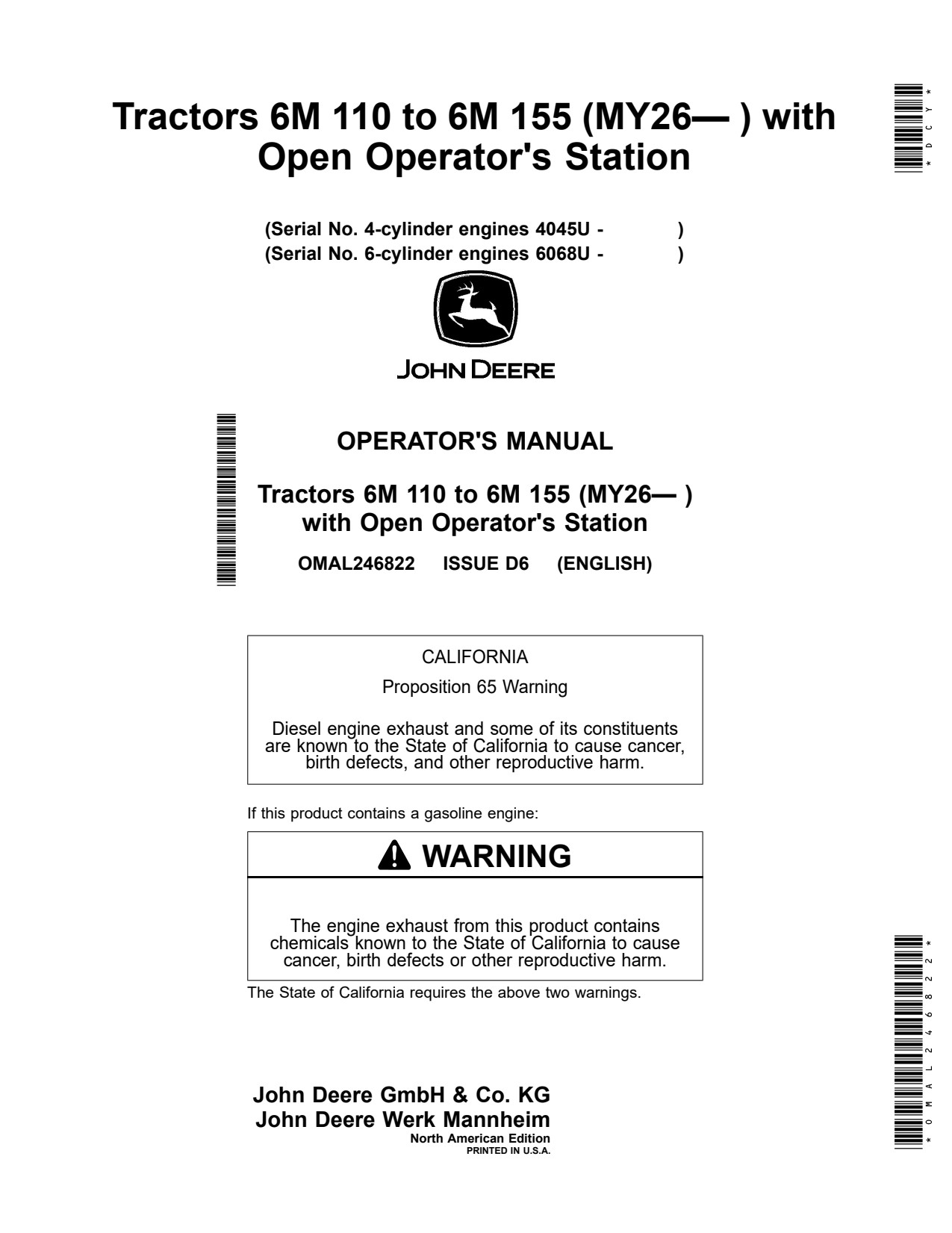 John Deere 6M 110 120 to 130 140 145 155 MY26 Tractor Operator Manual OMAL246822 1 John Deere 6M 110 120 to 130 140 145 155 MY26 Tractor Operator Manual OMAL246822