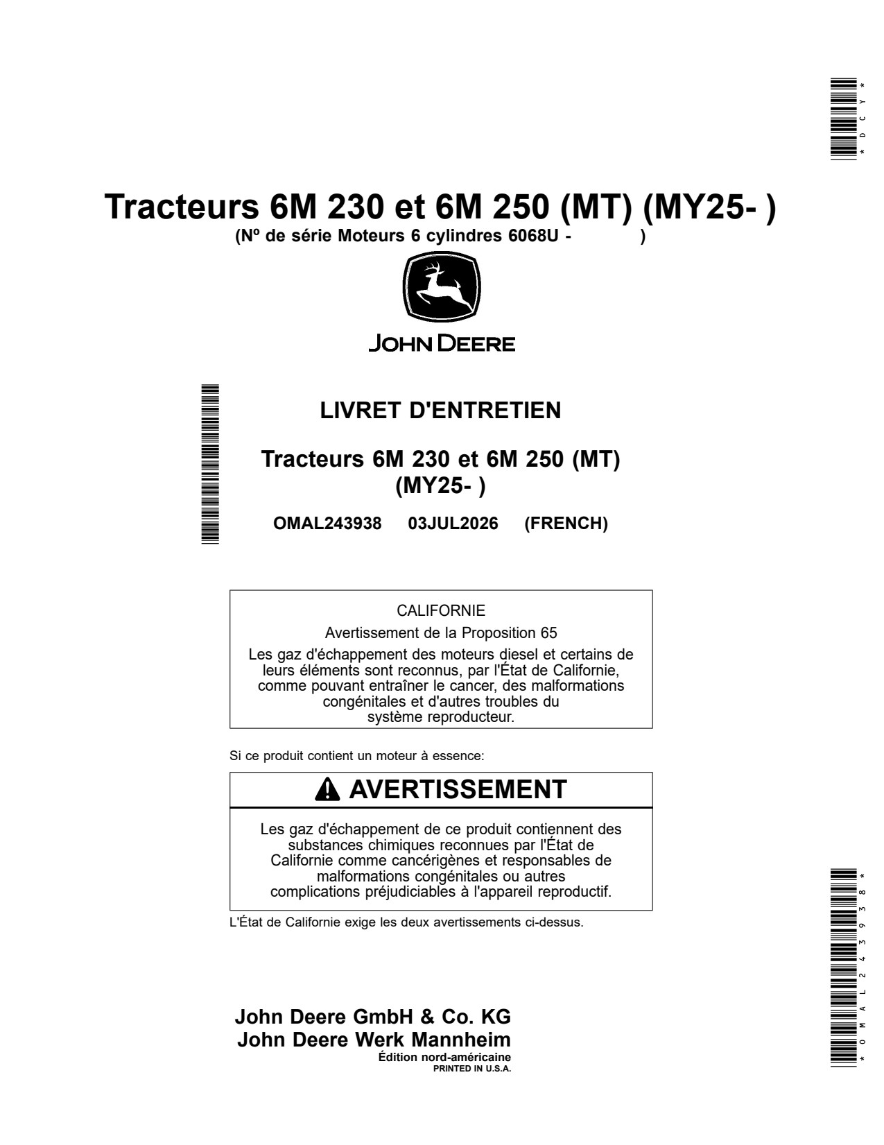 John Deere 6M 230 250 MY27 6068U Tractor Operator Manual OMAL243938 FR 1 John Deere 6M 230 250 MY27 6068U Tractor Operator Manual OMAL243938 FR