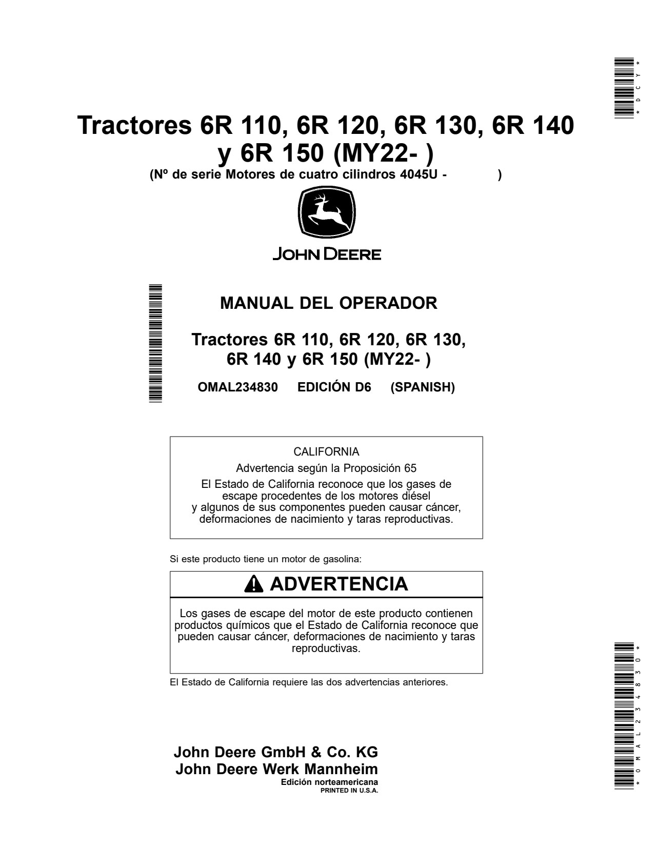 John Deere 6R 110 to 150 MY22 4045U Tractor Operator Manual OMAL234830 ES 1 John Deere 6R 110 to 150 MY22 4045U Tractor Operator Manual OMAL234830 ES