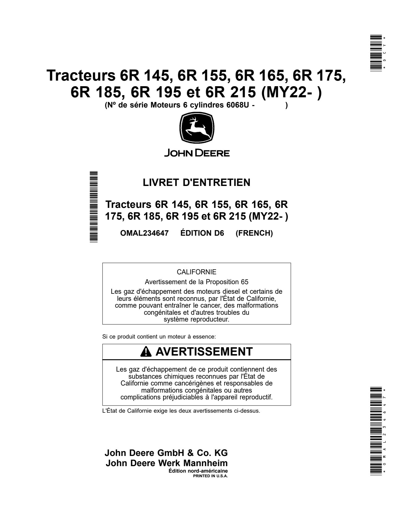 John Deere 6R 145 to 195 215 MY22 Tractor Operator Manual OMAL234647 FR 1 John Deere 6R 145 to 195 215 MY22 Tractor Operator Manual OMAL234647 FR