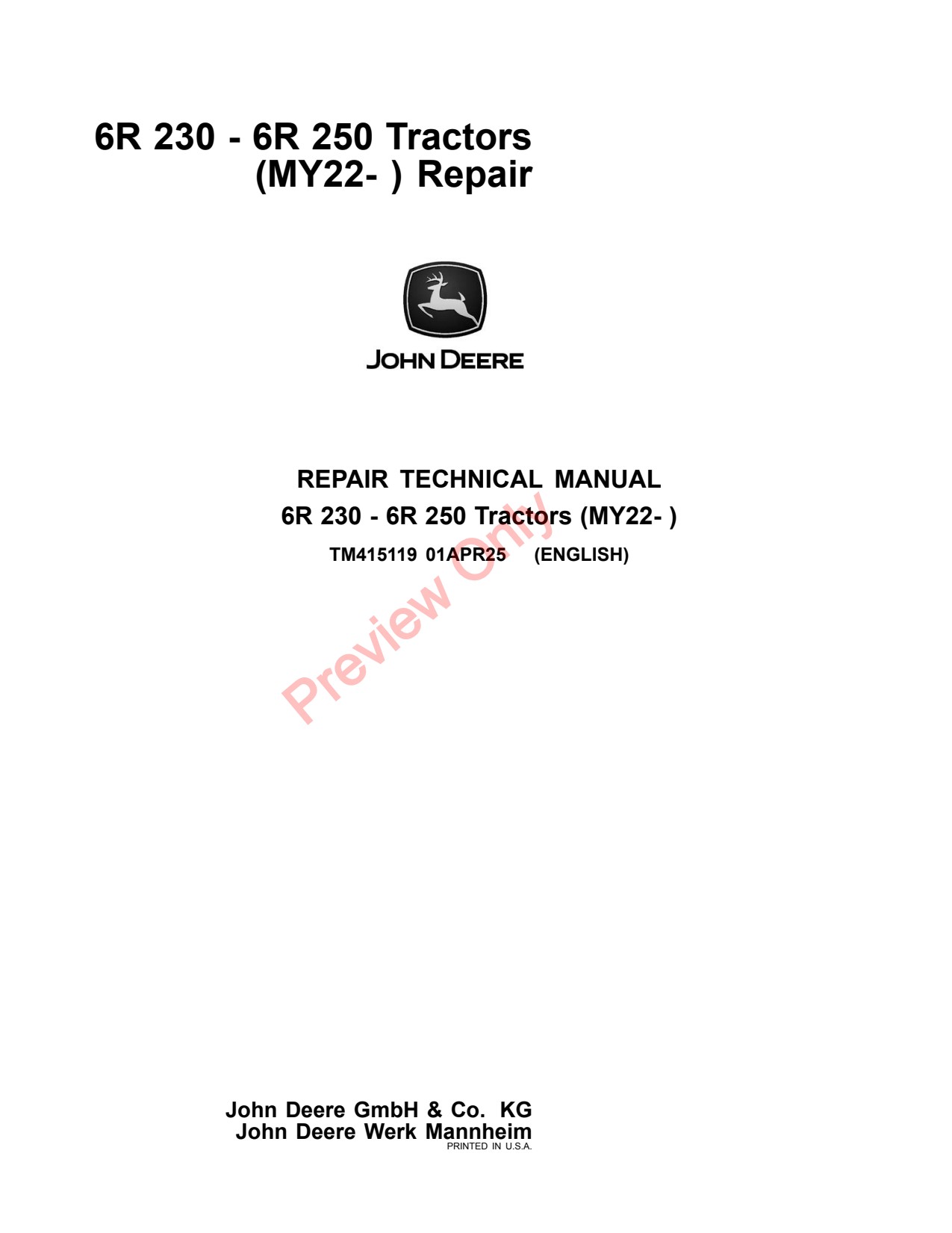 John Deere 6R 230 250 MY22 Round Baler Repair Technical Manual TM415119 1 John Deere 6R 230 250 MY22 Round Baler Repair Technical Manual TM415119