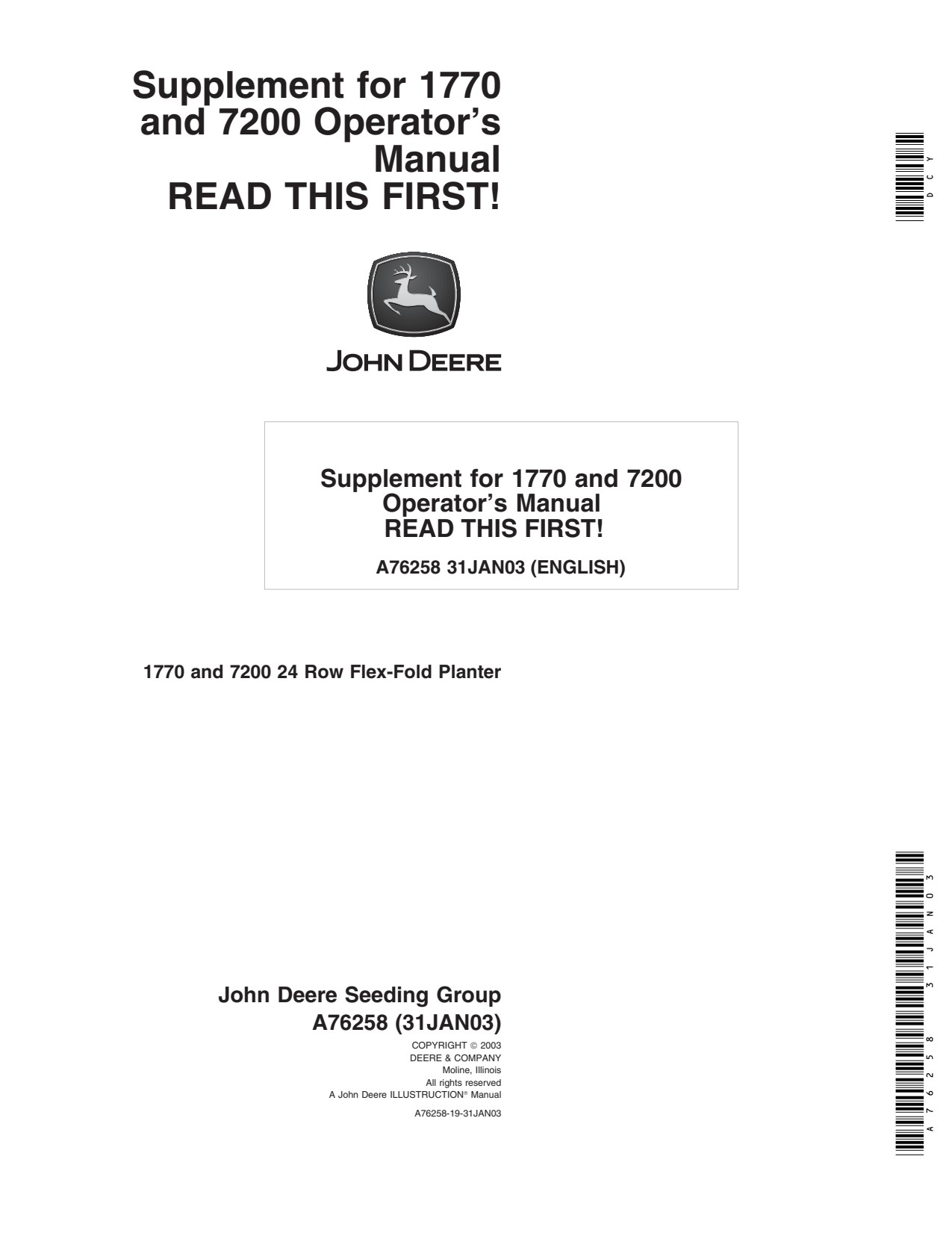 John Deere 7200 1770 OMA72771 OMA54952 24R Planter Operator Manual A76258 1 John Deere 7200 1770 OMA72771 OMA54952 24R Planter Operator Manual A76258