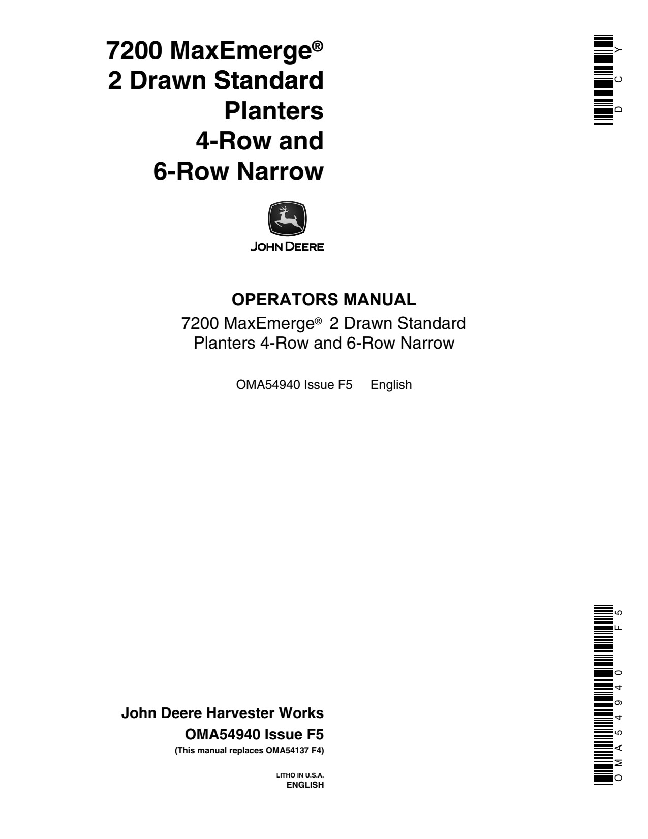 John Deere 7200 4R 6RN Drawn Standard Planter Operator Manual OMA54940 1 John Deere 7200 4R 6RN Drawn Standard Planter Operator Manual OMA54940
