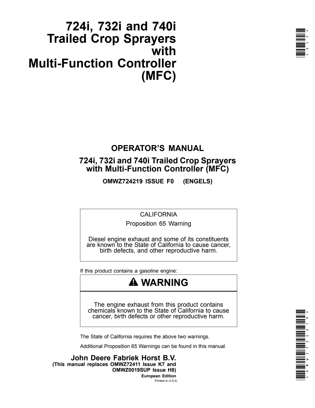John Deere 724i 732i 740i Trailed Crop Sprayer Operator Manual OMWZ724219 1 John Deere 724i 732i 740i Trailed Crop Sprayer Operator Manual OMWZ724219