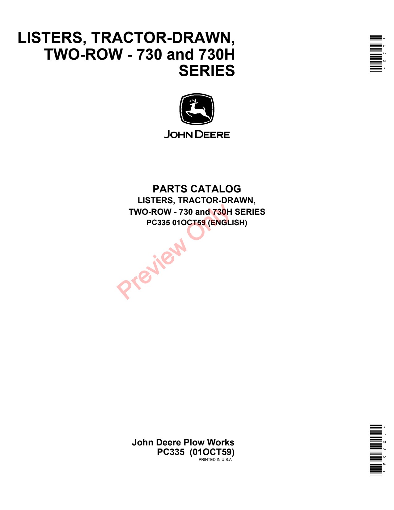John Deere 730 730H Tractor-drawn Lister Parts Catalog PC335