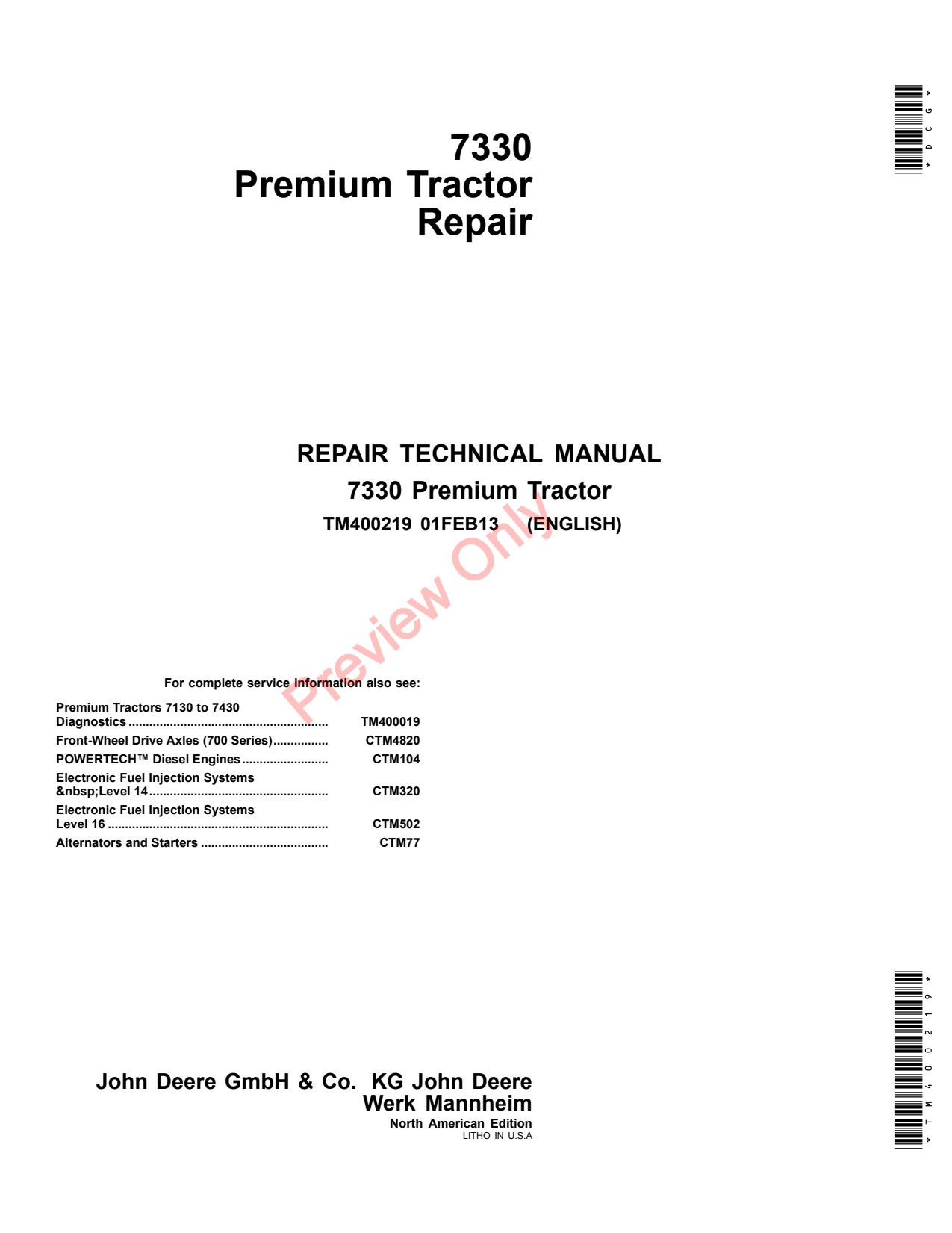 John Deere 7330 Premium Tractor Repair Technical Manual TM400219 1 John Deere 7330 Premium Tractor Repair Technical Manual TM400219