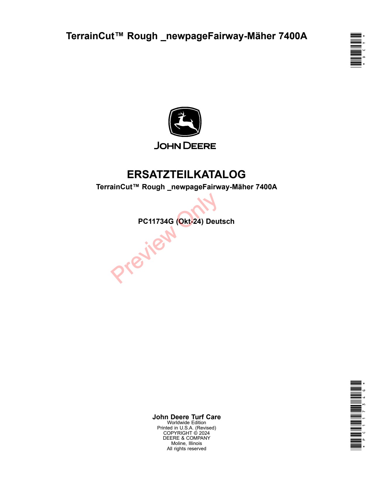John Deere 7400A Rough Fairway Mower Parts Catalog PC11734G DE 1 John Deere 7400A Rough Fairway Mower Parts Catalog PC11734G DE