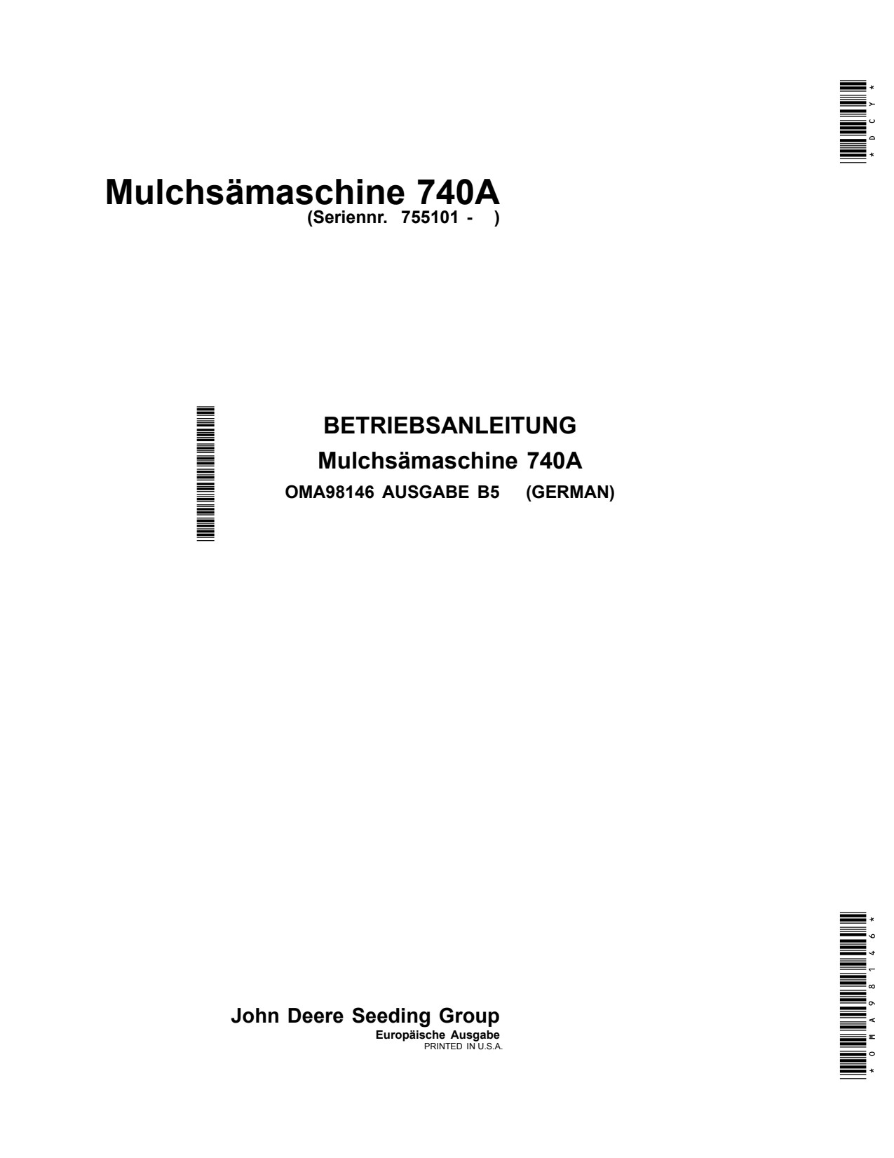 John Deere 740A Mulch Drill Operator Manual OMA98146 DE 1 John Deere 740A Mulch Drill Operator Manual OMA98146 DE