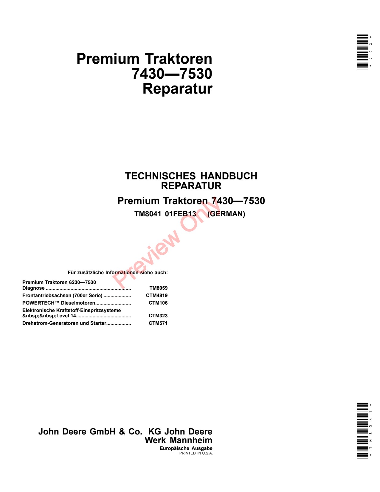 John Deere 7430 7530 Premium Tractor Repair Technical Manual TM8041 DE 1 John Deere 7430 7530 Premium Tractor Repair Technical Manual TM8041 DE
