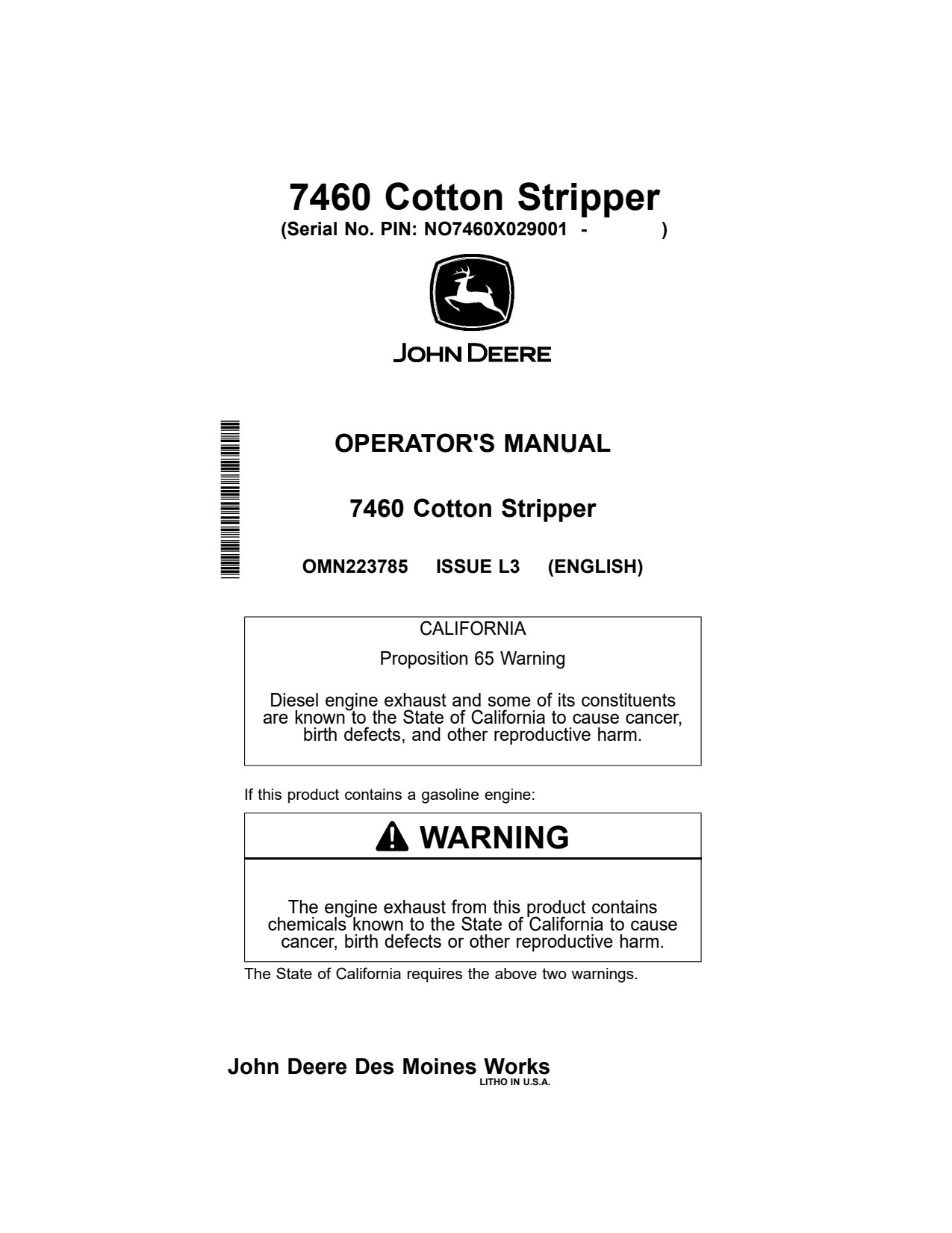 John Deere 7460 Cotton Stripper Operator Manual OMN223785 1 John Deere 7460 Cotton Stripper Operator Manual OMN223785