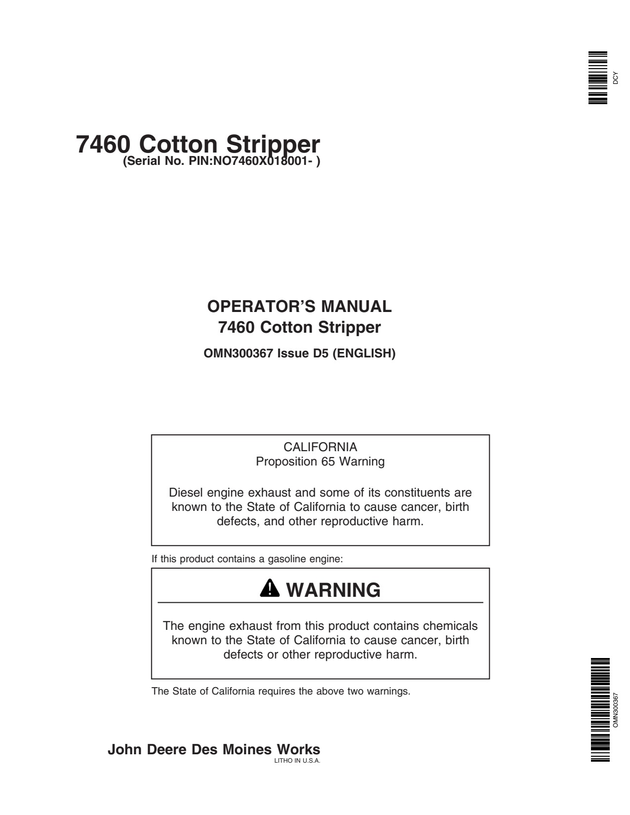John Deere 7460 Cotton Stripper Operator Manual OMN300367 1 John Deere 7460 Cotton Stripper Operator Manual OMN300367