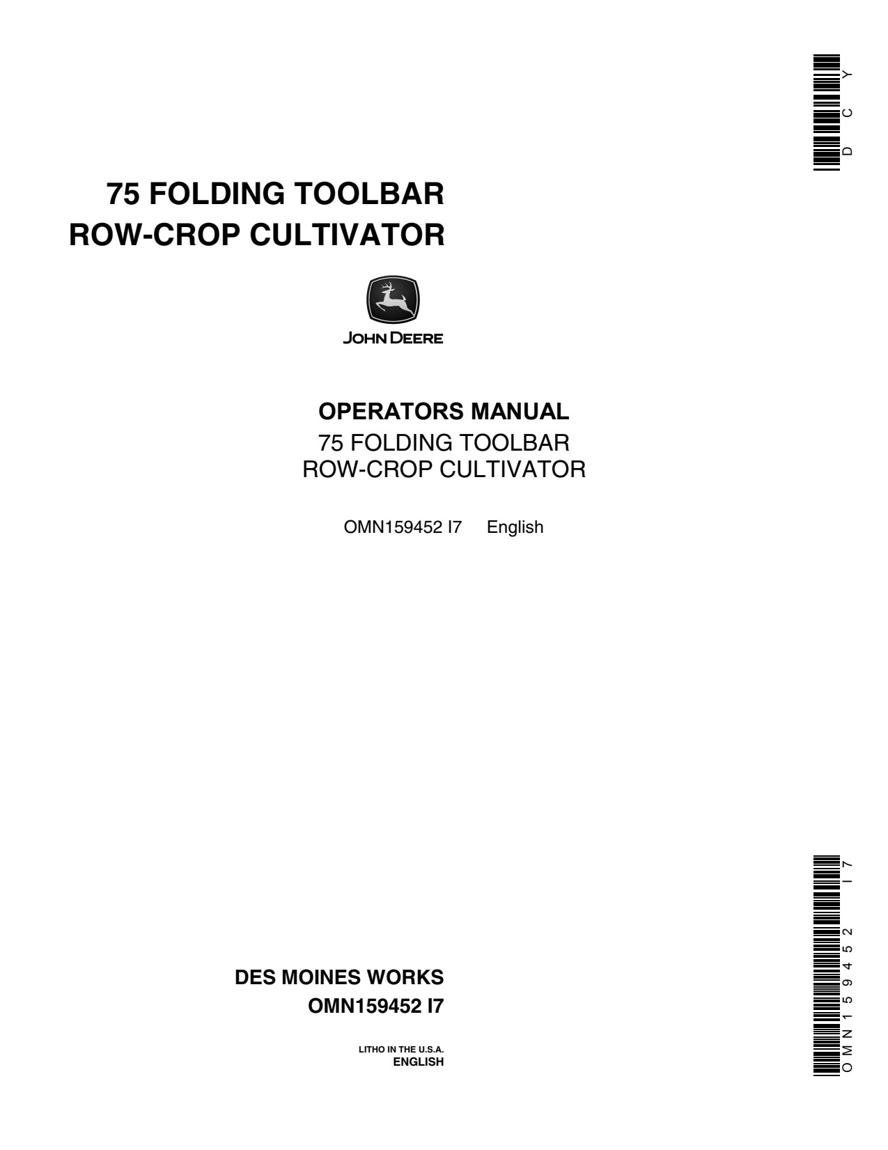 John Deere 75 Toolbar Row-crop Cultivator Operator Manual OMN159452 1 John Deere 75 Toolbar Row-crop Cultivator Operator Manual OMN159452