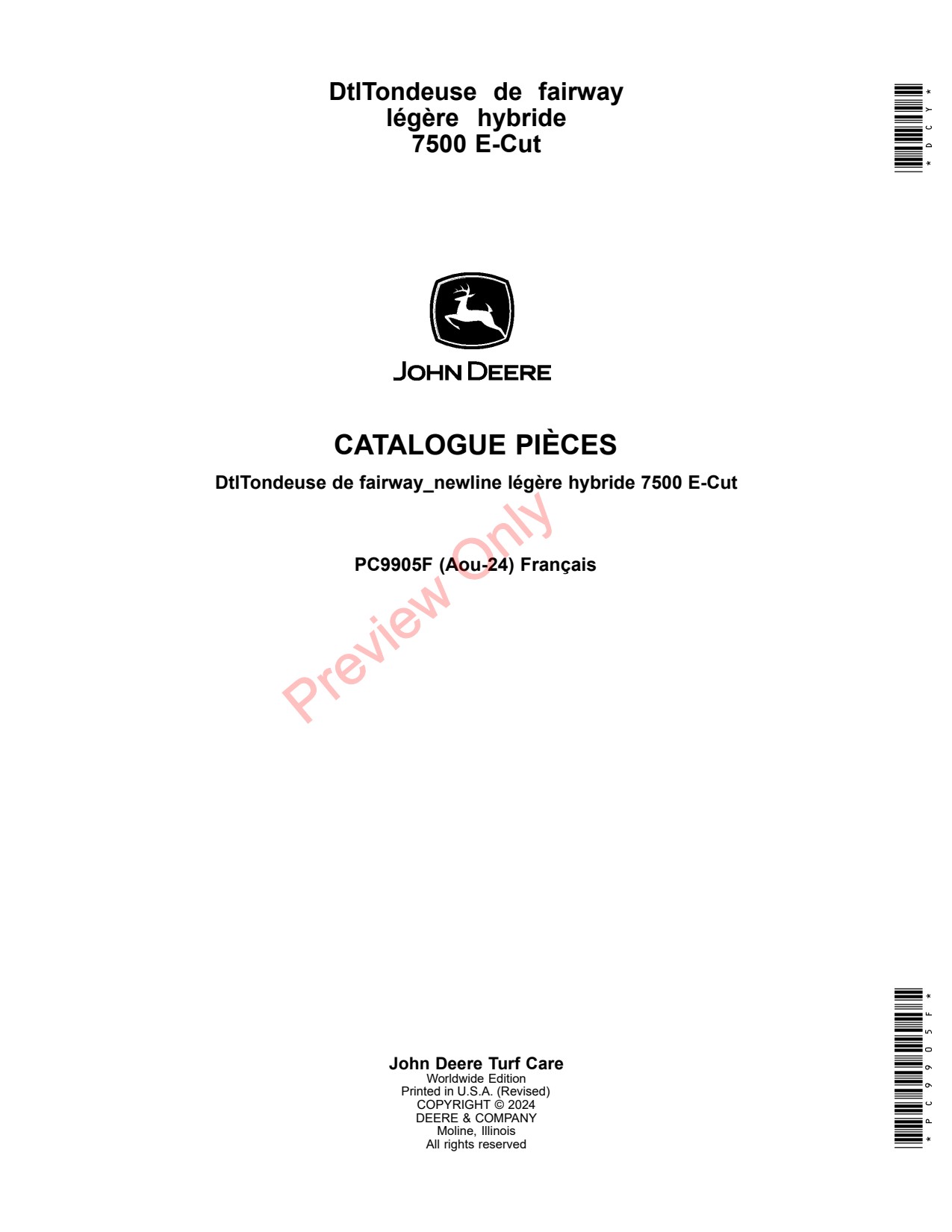 John Deere 7500 E-Cut Lightweight Fairway Mower Parts Catalog PC9905F FR 1 John Deere 7500 E-Cut Lightweight Fairway Mower Parts Catalog PC9905F FR