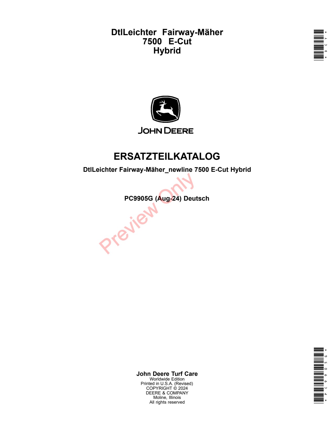 John Deere 7500 E-Cut Lightweight Fairway Mower Parts Catalog PC9905G DE 1 John Deere 7500 E-Cut Lightweight Fairway Mower Parts Catalog PC9905G DE