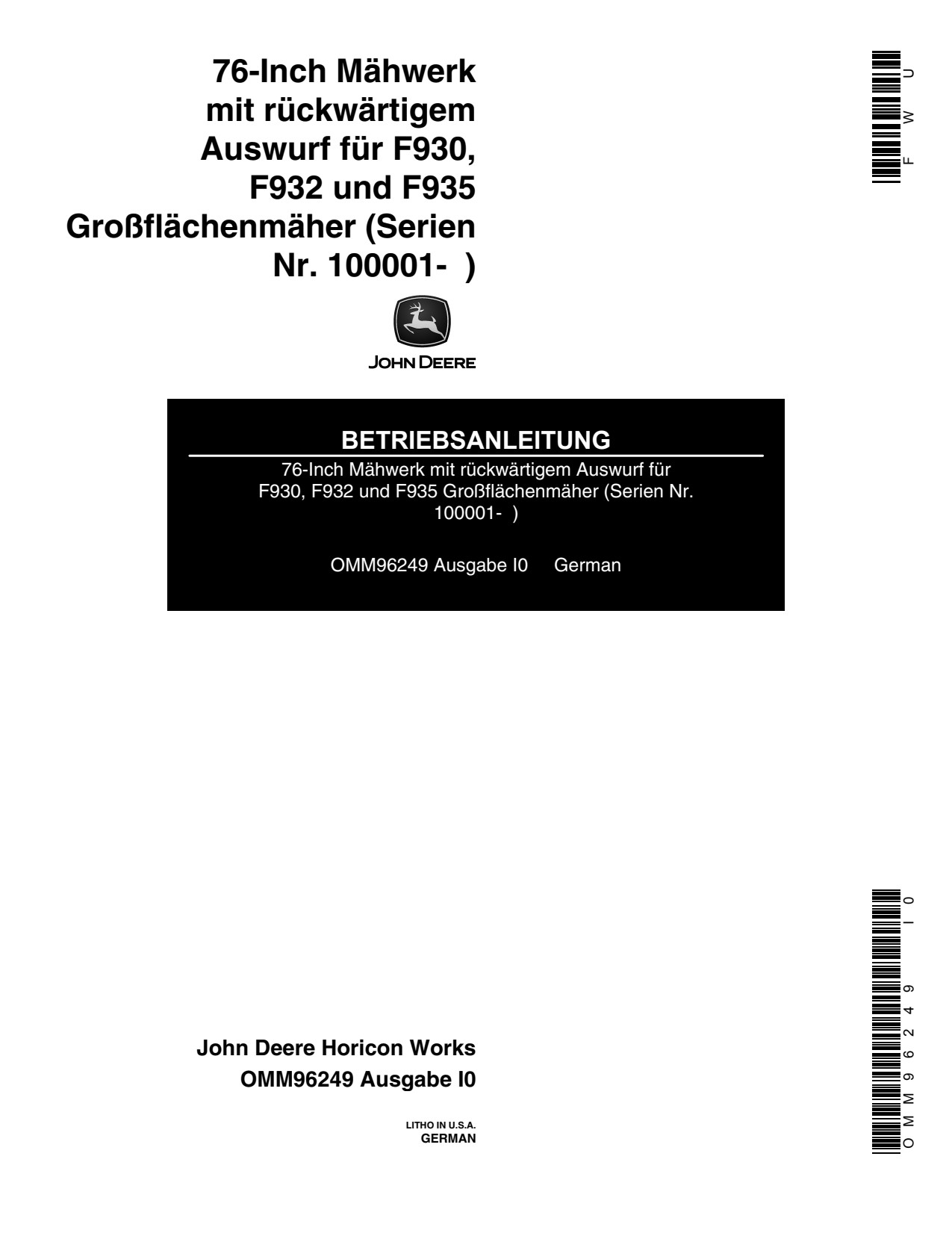 John Deere 76 Inch Swept Spindle Mower Operator Manual OMM96249 DE 1 John Deere 76 Inch Swept Spindle Mower Operator Manual OMM96249 DE
