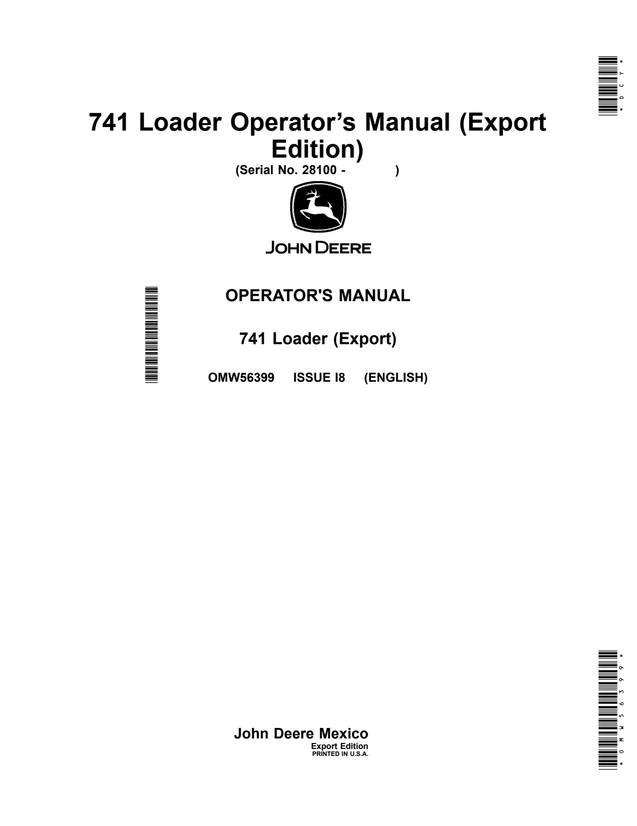 John Deere 7600 7610 7700 7710 7800 7810 6800 6810 6910 7200 7210 7400 7410 7510 Loader Operator Manual OMW56399 1 John Deere 7600 7610 7700 7710 7800 7810 6800 6810 6910 7200 7210 7400 7410 7510 Loader Operator Manual OMW56399