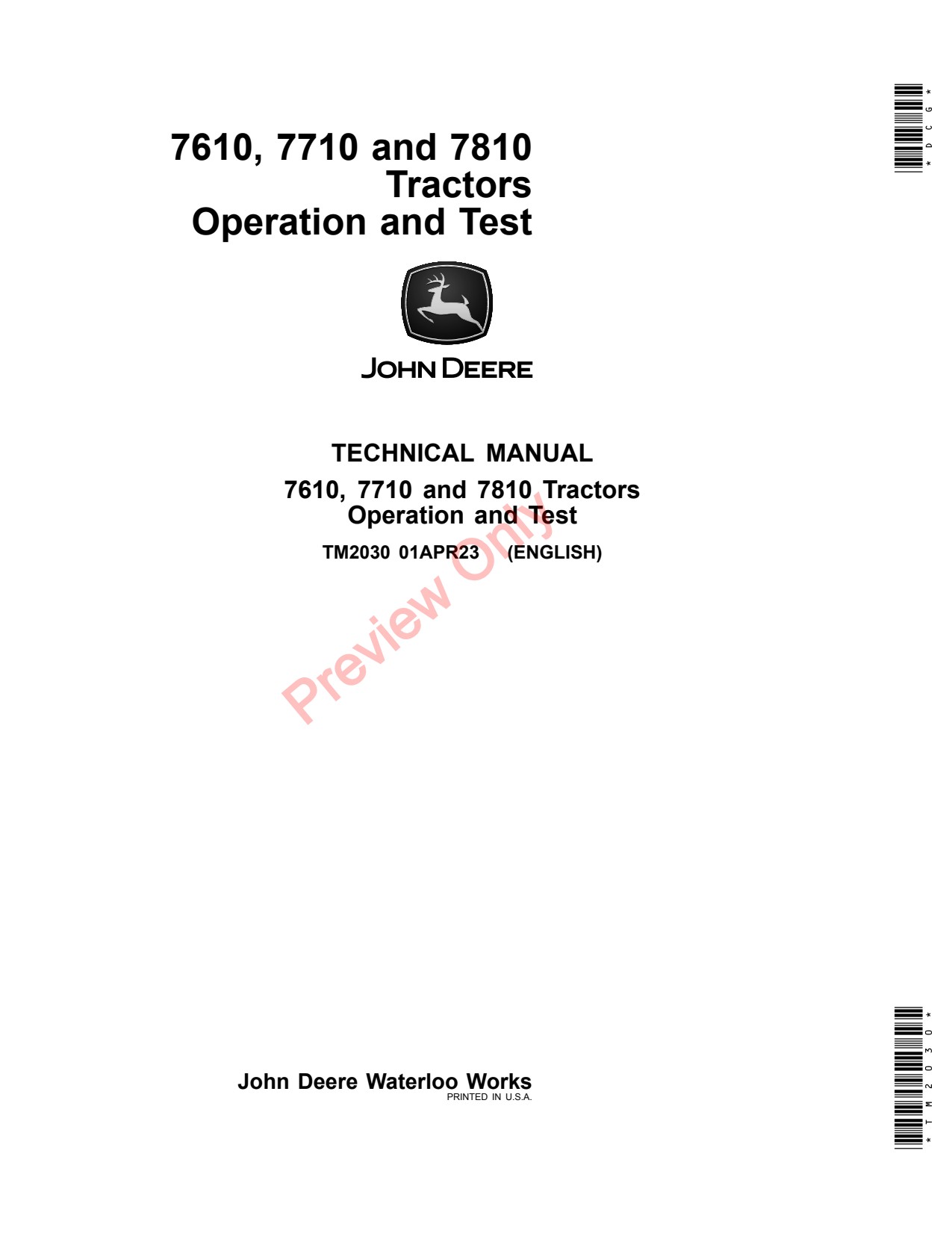 John Deere 7610 to 7810 Tractor Diagnostic Operation Test Technical Manual TM2030 1 John Deere 7610 to 7810 Tractor Diagnostic Operation Test Technical Manual TM2030
