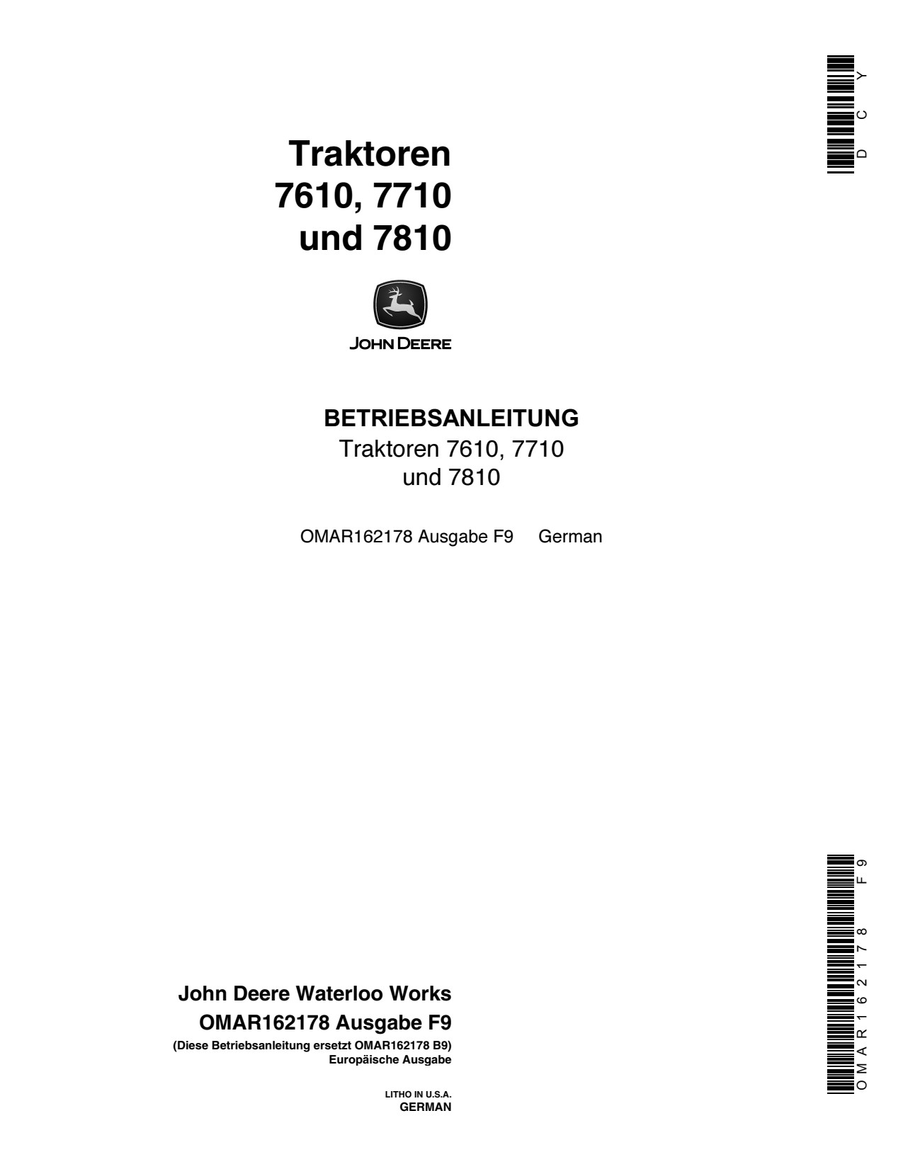 John Deere 7610 to 7810 Tractor Operator Manual OMAR162178 DE 1 John Deere 7610 to 7810 Tractor Operator Manual OMAR162178 DE