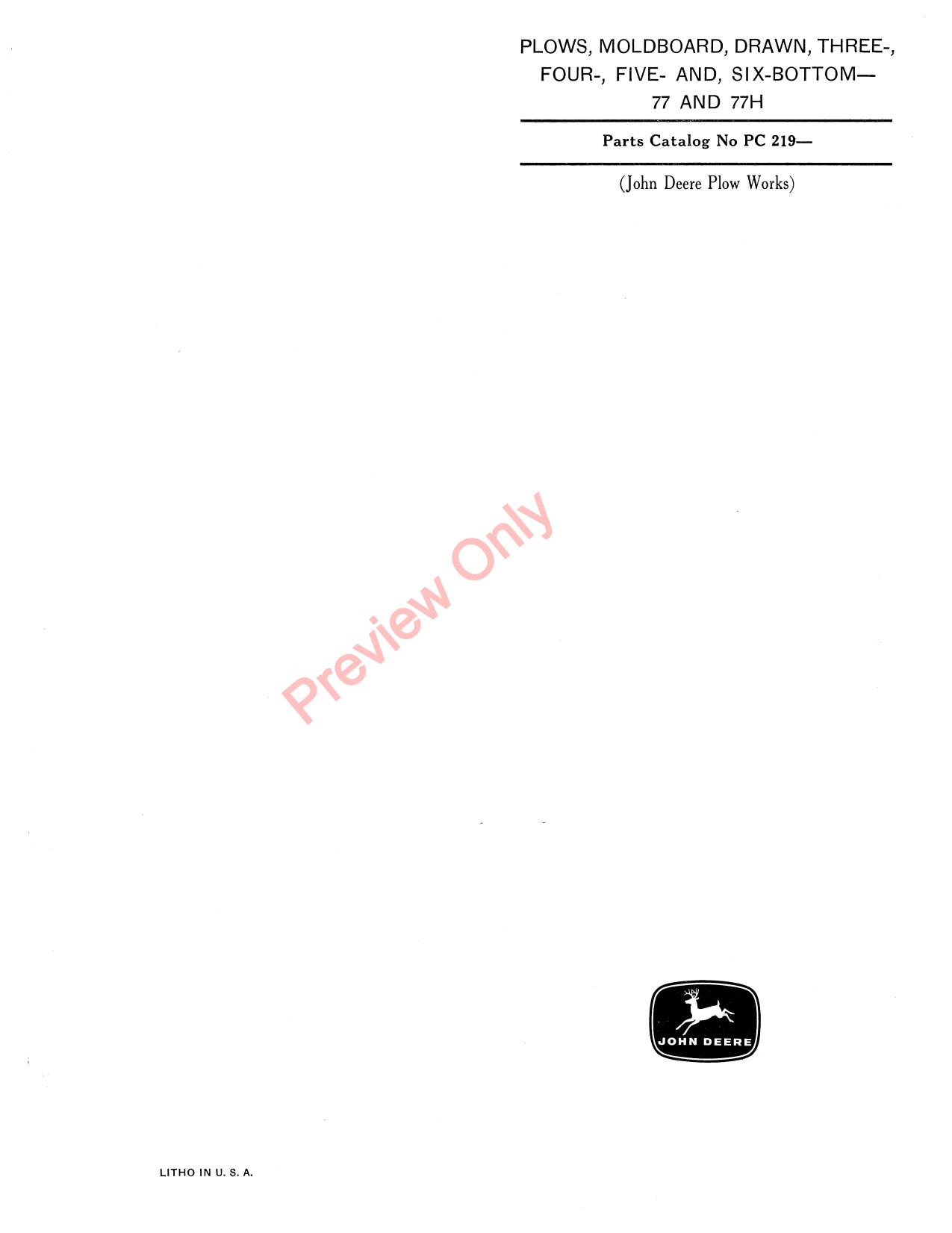 John Deere 77 77H Drawn Moldboard Plow Parts Catalog PC219 1 John Deere 77 77H Drawn Moldboard Plow Parts Catalog PC219