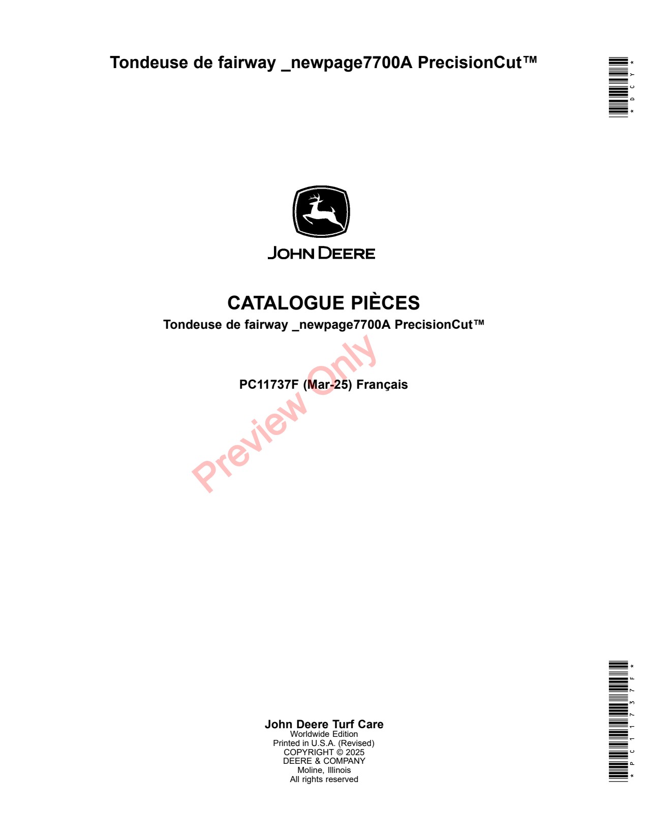 John Deere 7700A Precisioncut Fairway Mower Parts Catalog PC11737F FR 1 John Deere 7700A Precisioncut Fairway Mower Parts Catalog PC11737F FR