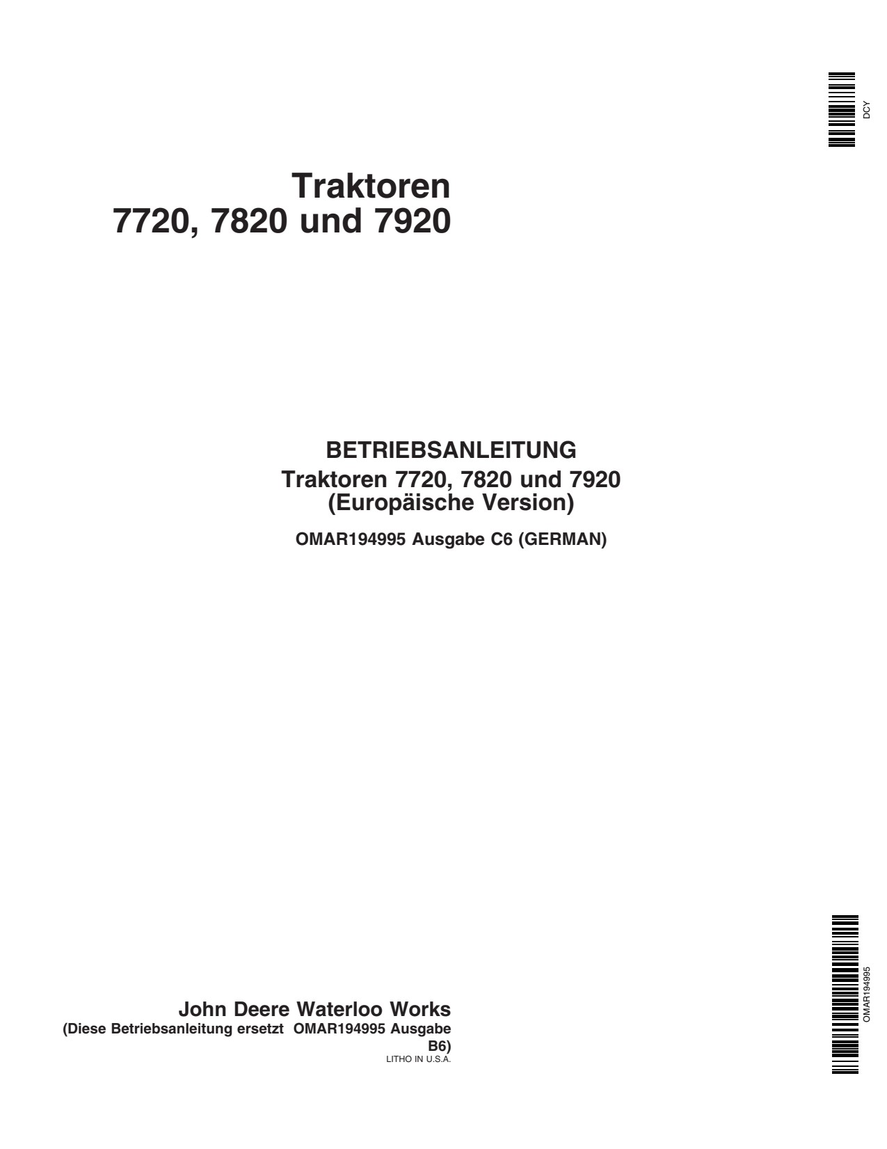 John Deere 7720 to 7920 Tractor Operator Manual OMAR194995 DE 1 John Deere 7720 to 7920 Tractor Operator Manual OMAR194995 DE