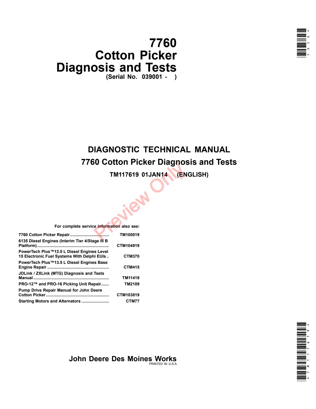 John Deere 7760 Cotton Picker Diagnostic Technical Manual TM117619 1 John Deere 7760 Cotton Picker Diagnostic Technical Manual TM117619