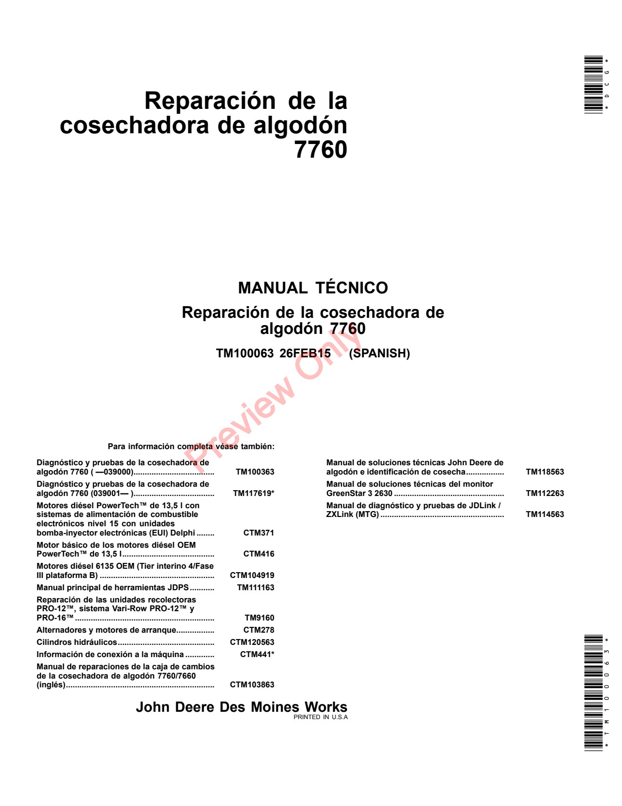 John Deere 7760 Cotton Picker Repair Technical Manual TM100063 ES 1 John Deere 7760 Cotton Picker Repair Technical Manual TM100063 ES
