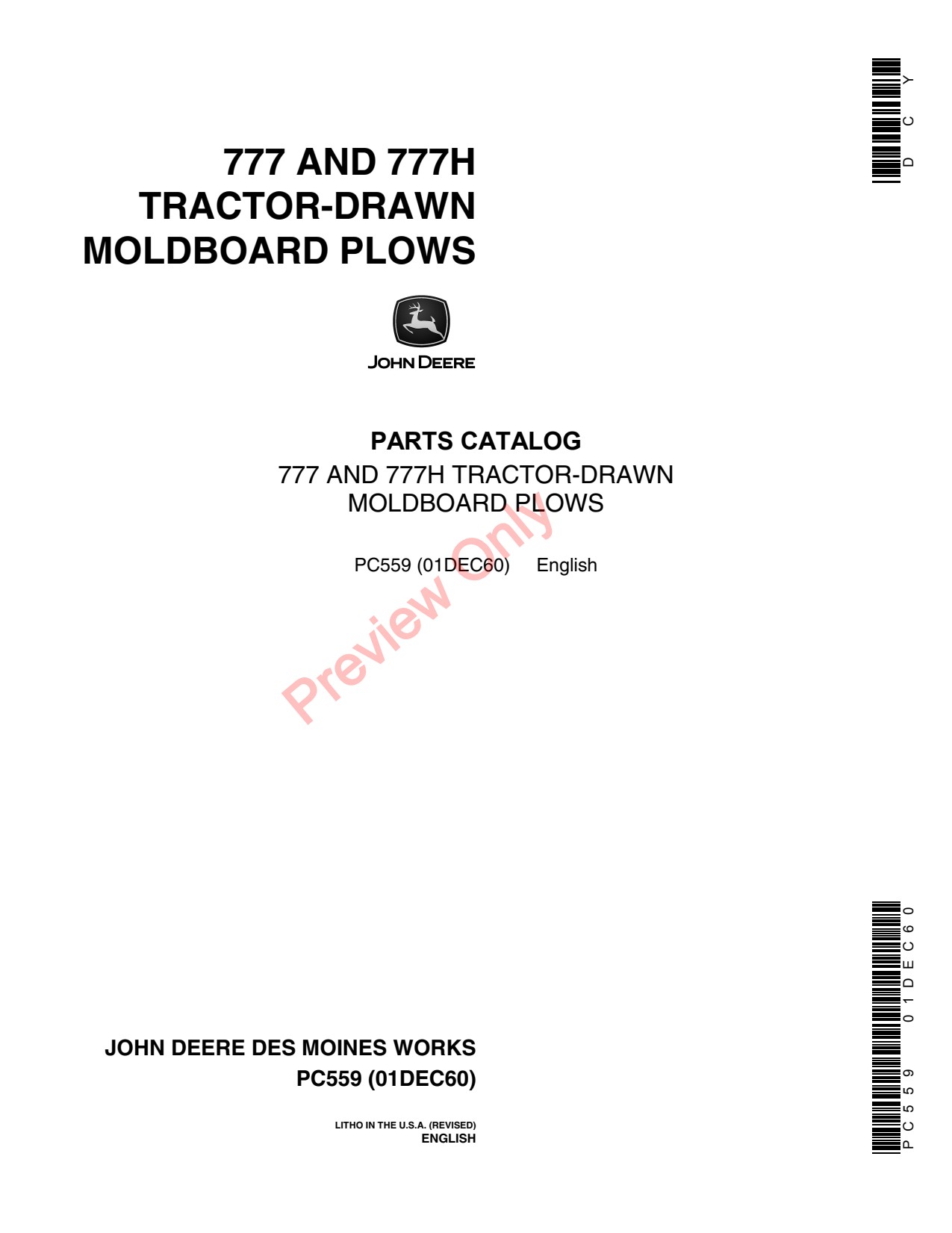 John Deere 777 777H Tractor-drawn Moldboard Plow Parts Catalog PC559 1 John Deere 777 777H Tractor-drawn Moldboard Plow Parts Catalog PC559