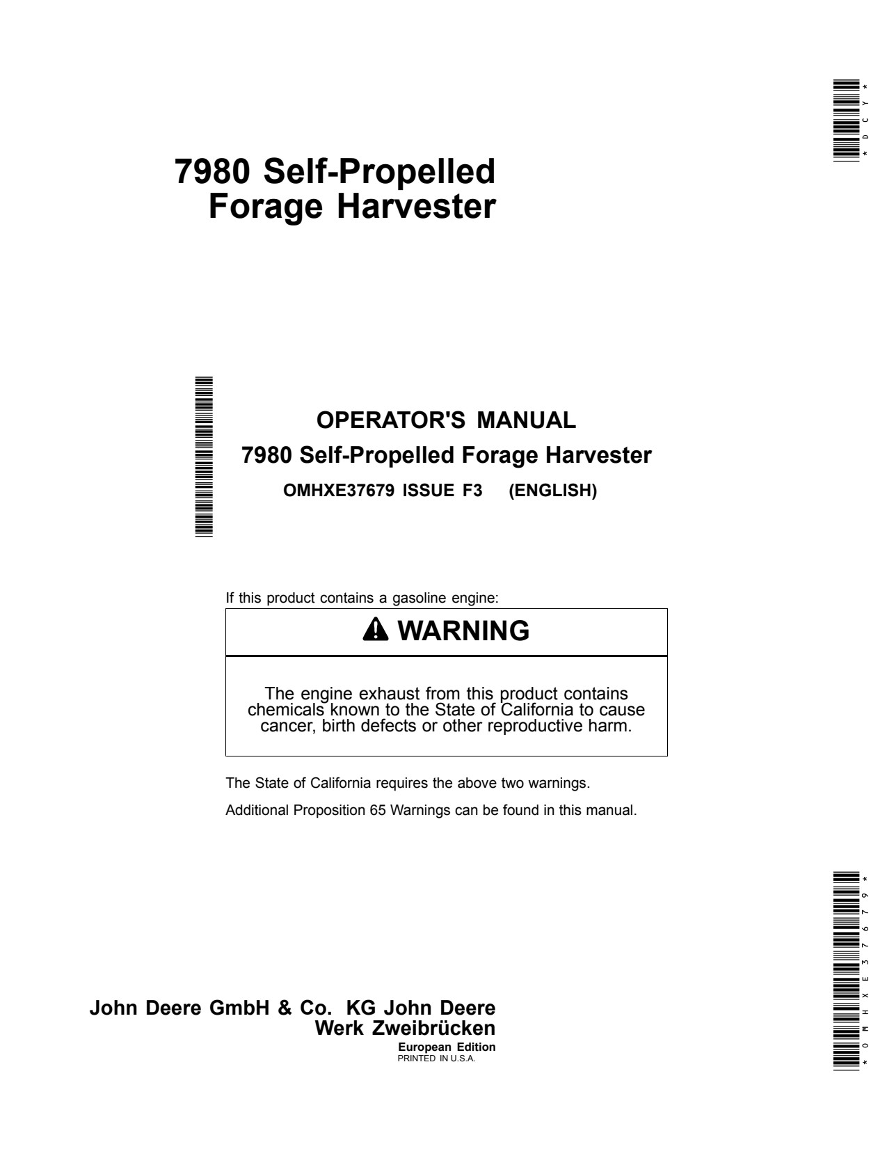 John Deere 7980 7950 Self-propelled Forage Harvester Operator Manual OMHXE37679 1 John Deere 7980 7950 Self-propelled Forage Harvester Operator Manual OMHXE37679
