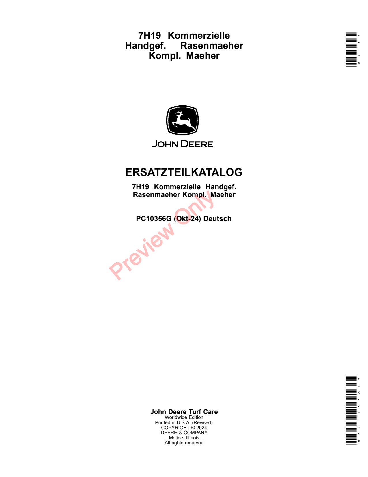 John Deere 7H19 Commercial Walk-Behind Mower Parts Catalog PC10356G DE 1 John Deere 7H19 Commercial Walk-Behind Mower Parts Catalog PC10356G DE