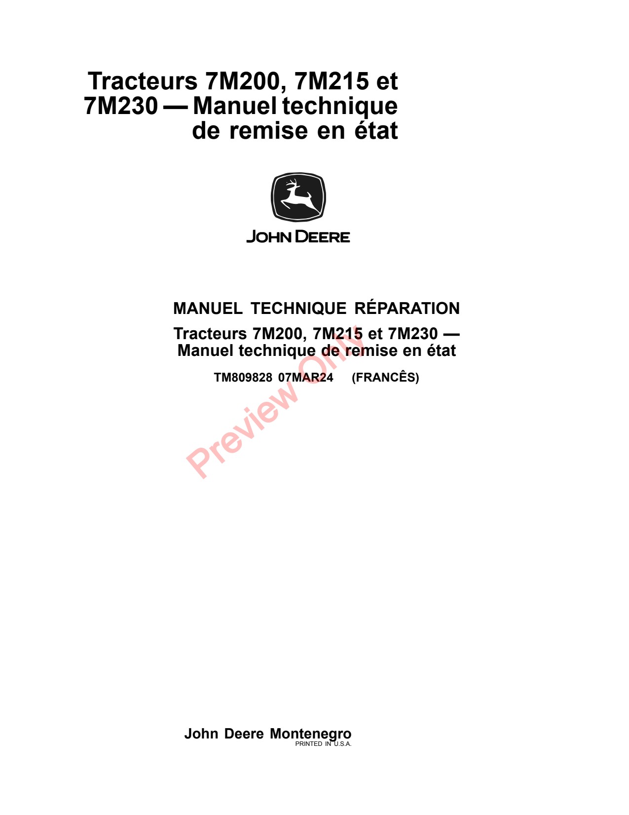 John Deere 7M 200 to 230 Tractor Repair Technical Manual TM809828 FR 1 John Deere 7M 200 to 230 Tractor Repair Technical Manual TM809828 FR