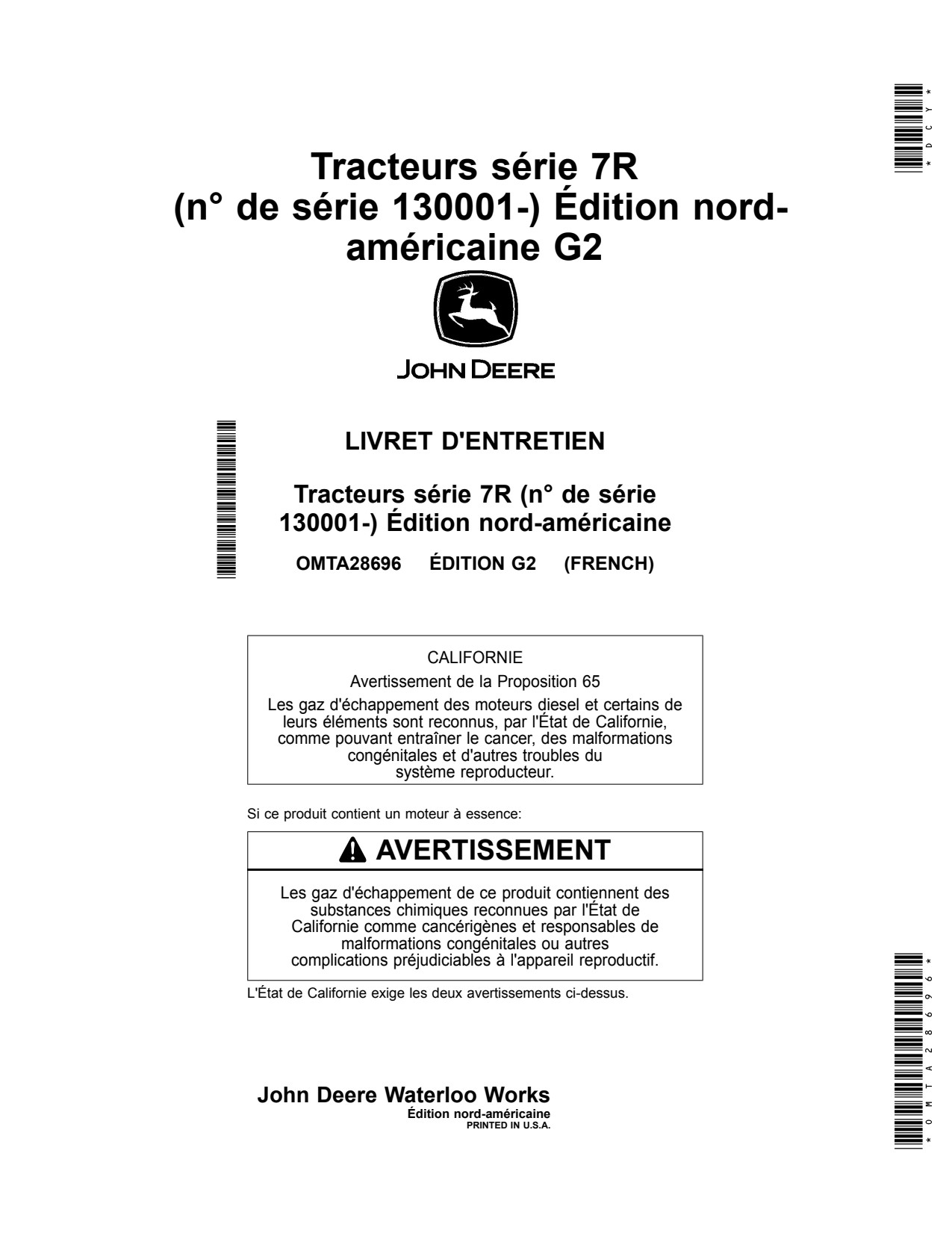 John Deere 7R 230 to 350 Tractor Operator Manual OMTA28696 FR 1 John Deere 7R 230 to 350 Tractor Operator Manual OMTA28696 FR