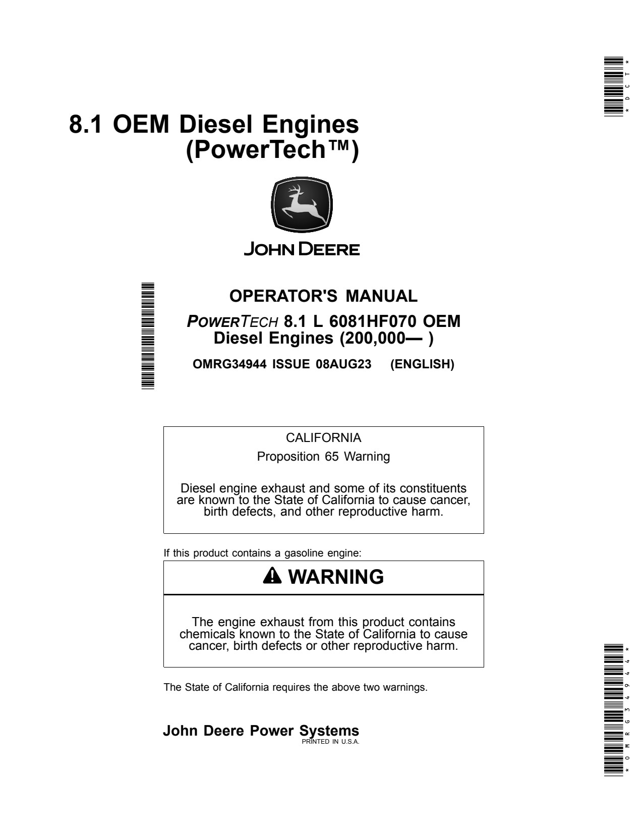 John Deere 8.1L 6081 6081HF070 OEM Diesel Engine Operator Manual OMRG34944 1 John Deere 8.1L 6081 6081HF070 OEM Diesel Engine Operator Manual OMRG34944