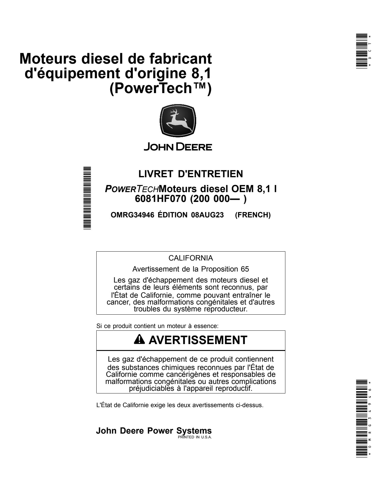 John Deere 8.1L 6081 6081HF070 OEM Diesel Engine Operator Manual OMRG34946 FR 1 John Deere 8.1L 6081 6081HF070 OEM Diesel Engine Operator Manual OMRG34946 FR