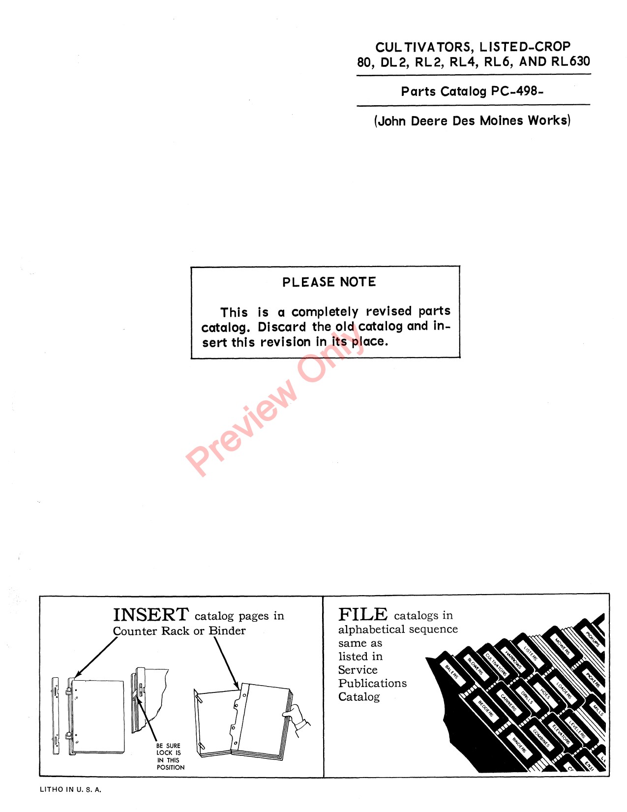 John Deere 80 DL2 RL2 to RL6 RL630 Listed Crop Cultivator Parts Catalog PC498