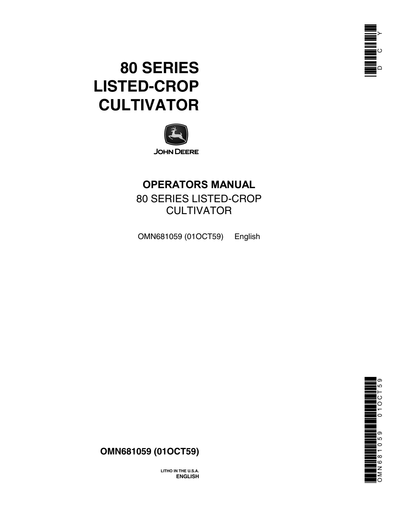 John Deere 80 Listed-crop Cultivator Operator Manual OMN681059