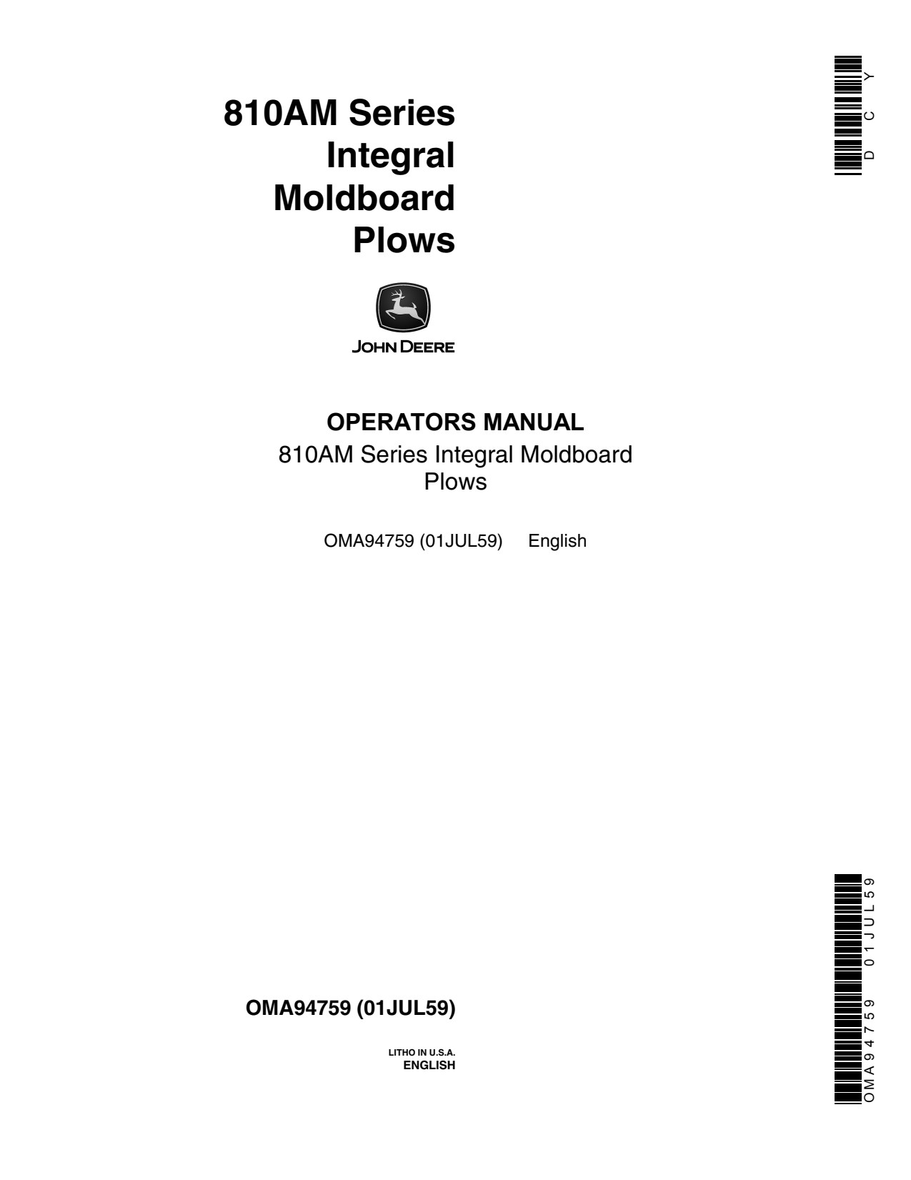 John Deere 810 810A Integral Moldboard Plow Operator Manual OMA94759 1 John Deere 810 810A Integral Moldboard Plow Operator Manual OMA94759