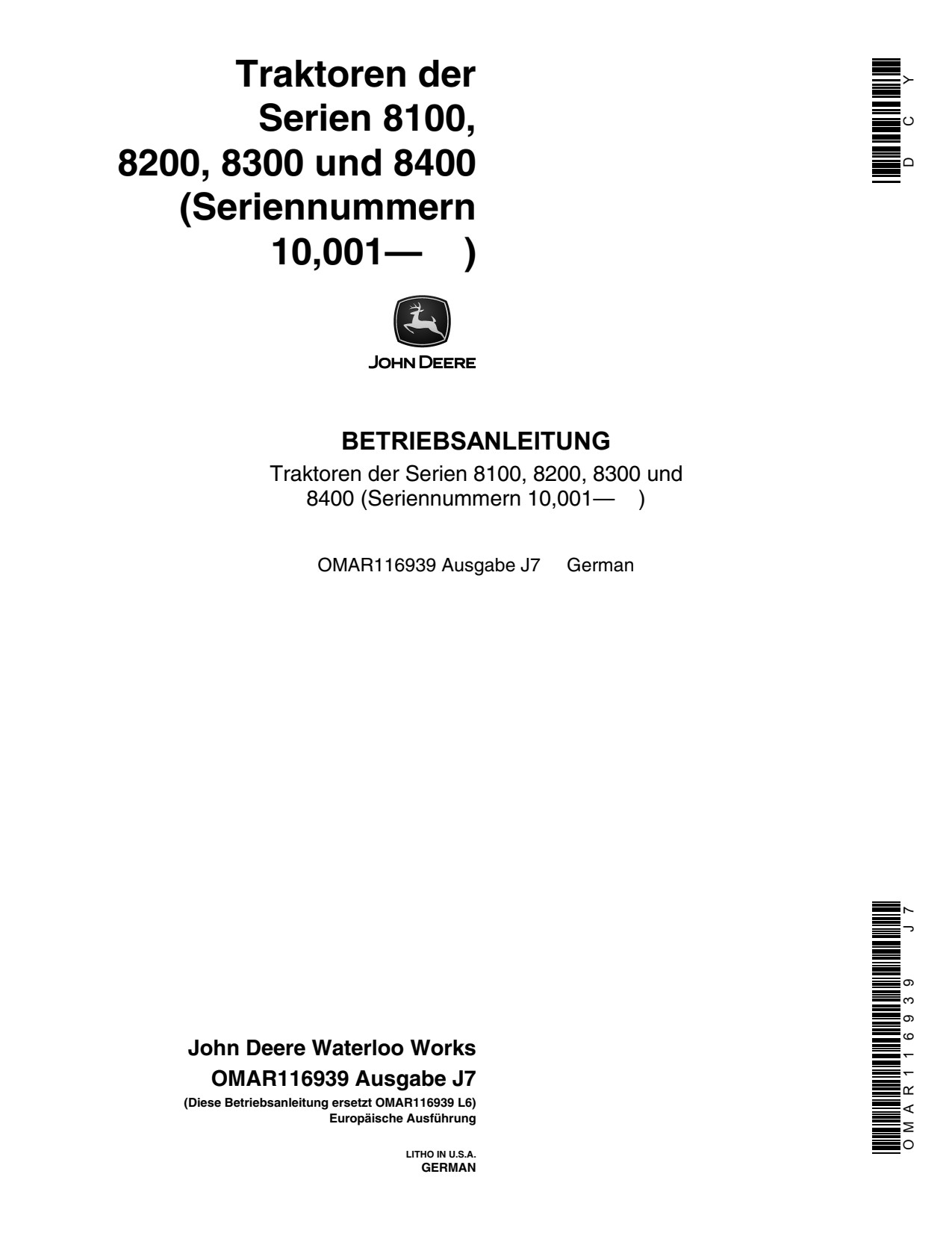 John Deere 8100 to 8400 Tractor Operator Manual OMAR116939 DE 1 John Deere 8100 to 8400 Tractor Operator Manual OMAR116939 DE
