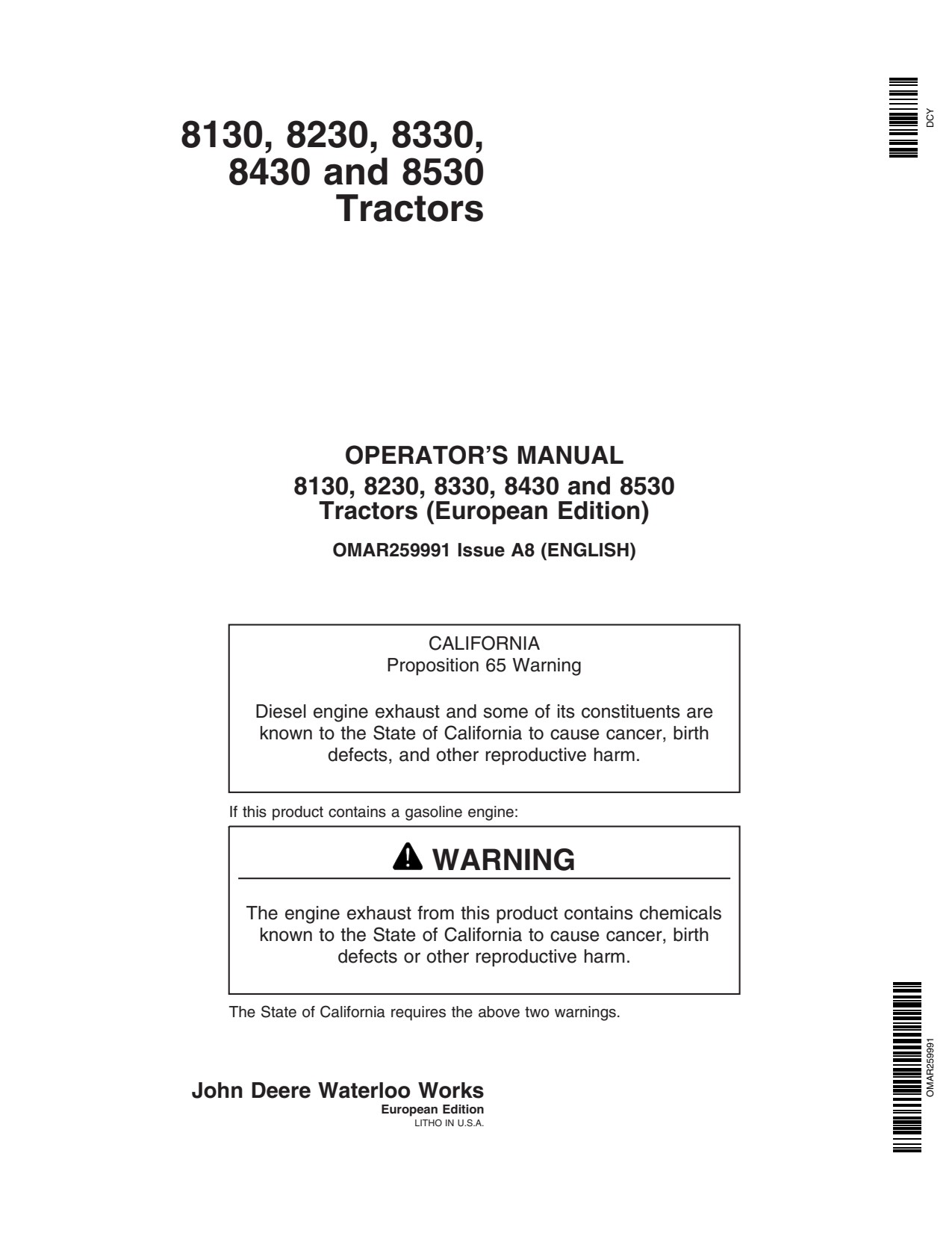 John Deere 8130 8330 8230 8430 8530 Row Crop Tractor Operator Manual OMAR259991 1 John Deere 8130 8330 8230 8430 8530 Row Crop Tractor Operator Manual OMAR259991