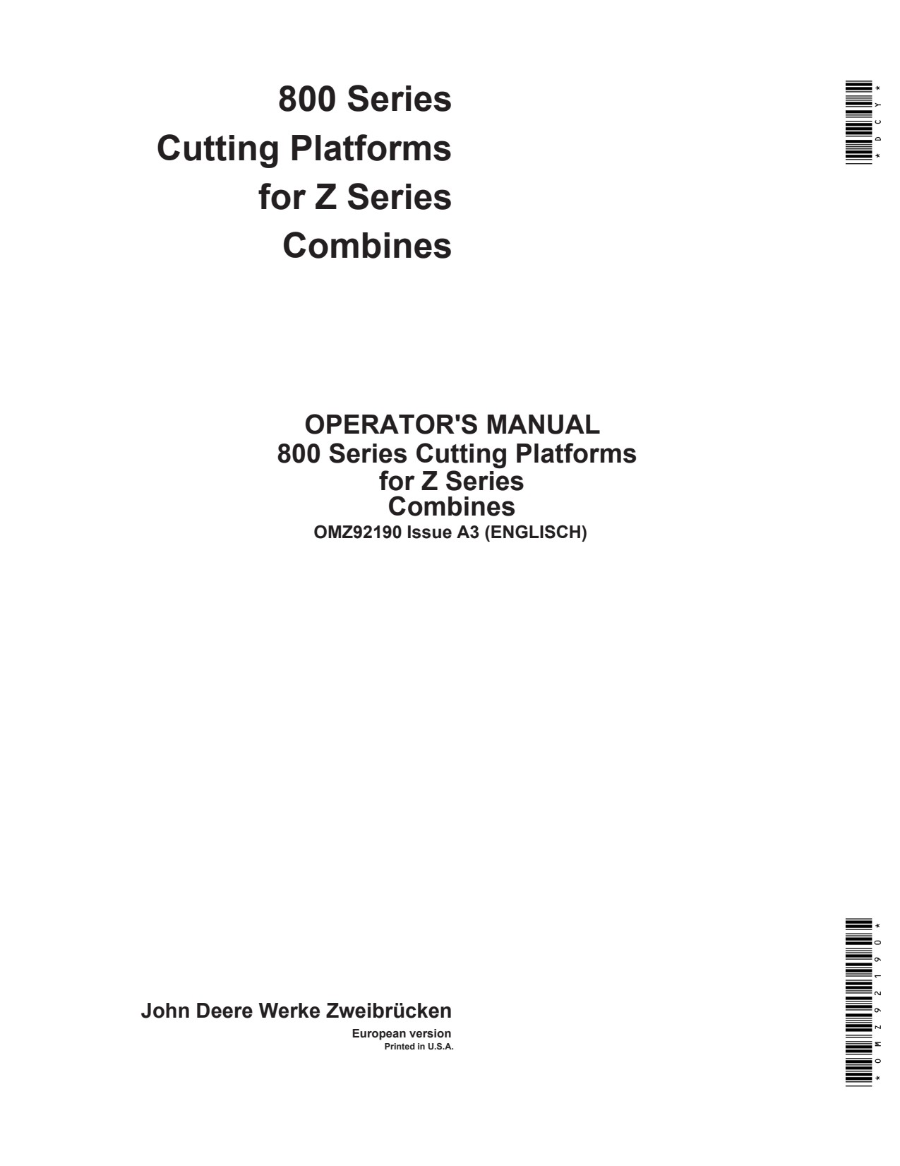John Deere 814 to 820 800 Header Platform Operator Manual OMZ92190 1 John Deere 814 to 820 800 Header Platform Operator Manual OMZ92190
