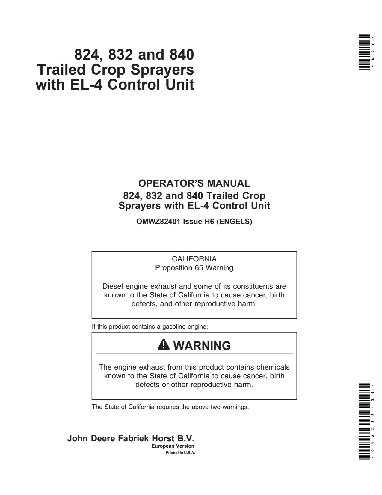 John Deere 824 to 840 EL-4 Trailed Crop Sprayer Operator Manual OMWZ82401 1 John Deere 824 to 840 EL-4 Trailed Crop Sprayer Operator Manual OMWZ82401
