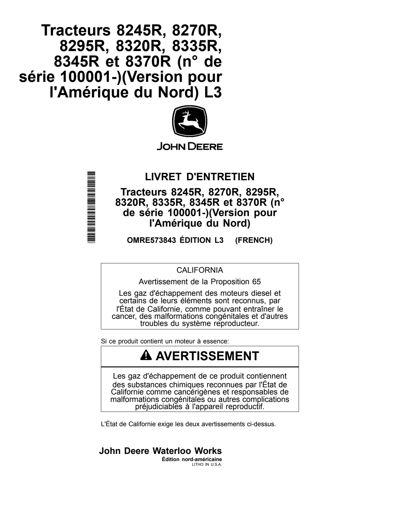 John Deere 8245R 8270R 8295R 8320R 8335R 8345R 8370R Tractor Operator Manual OMRE573843 FR 1 John Deere 8245R 8270R 8295R 8320R 8335R 8345R 8370R Tractor Operator Manual OMRE573843 FR