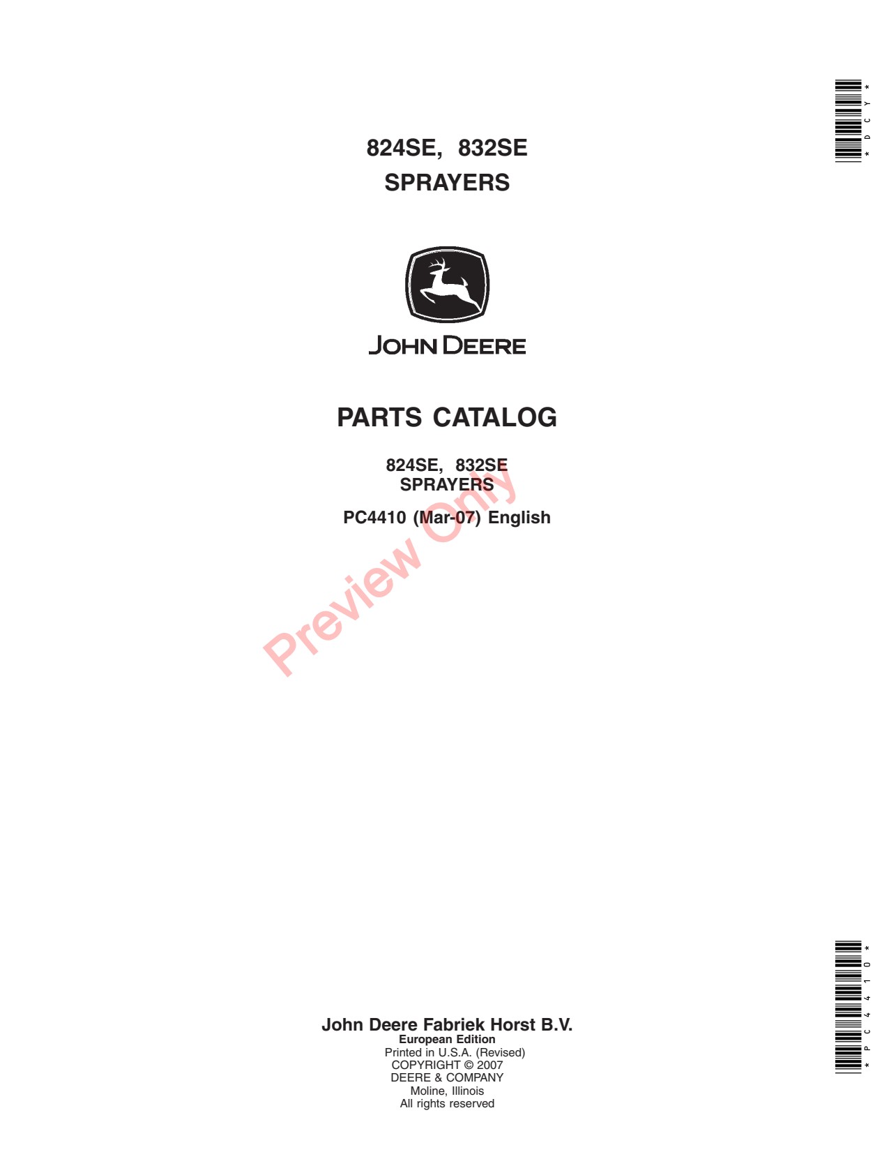 John Deere 824SE 832SE Trailed Crop Sprayer Parts Catalog PC4410 1 John Deere 824SE 832SE Trailed Crop Sprayer Parts Catalog PC4410