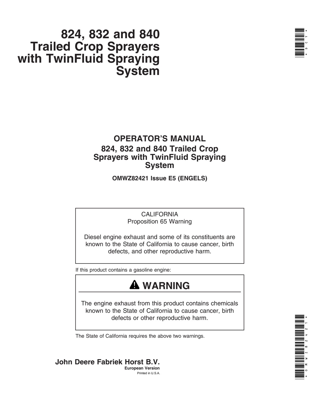John Deere 824TF 832TF 840TF 824 to 840 Trailed Crop Sprayer Operator Manual OMWZ82421 1 John Deere 824TF 832TF 840TF 824 to 840 Trailed Crop Sprayer Operator Manual OMWZ82421