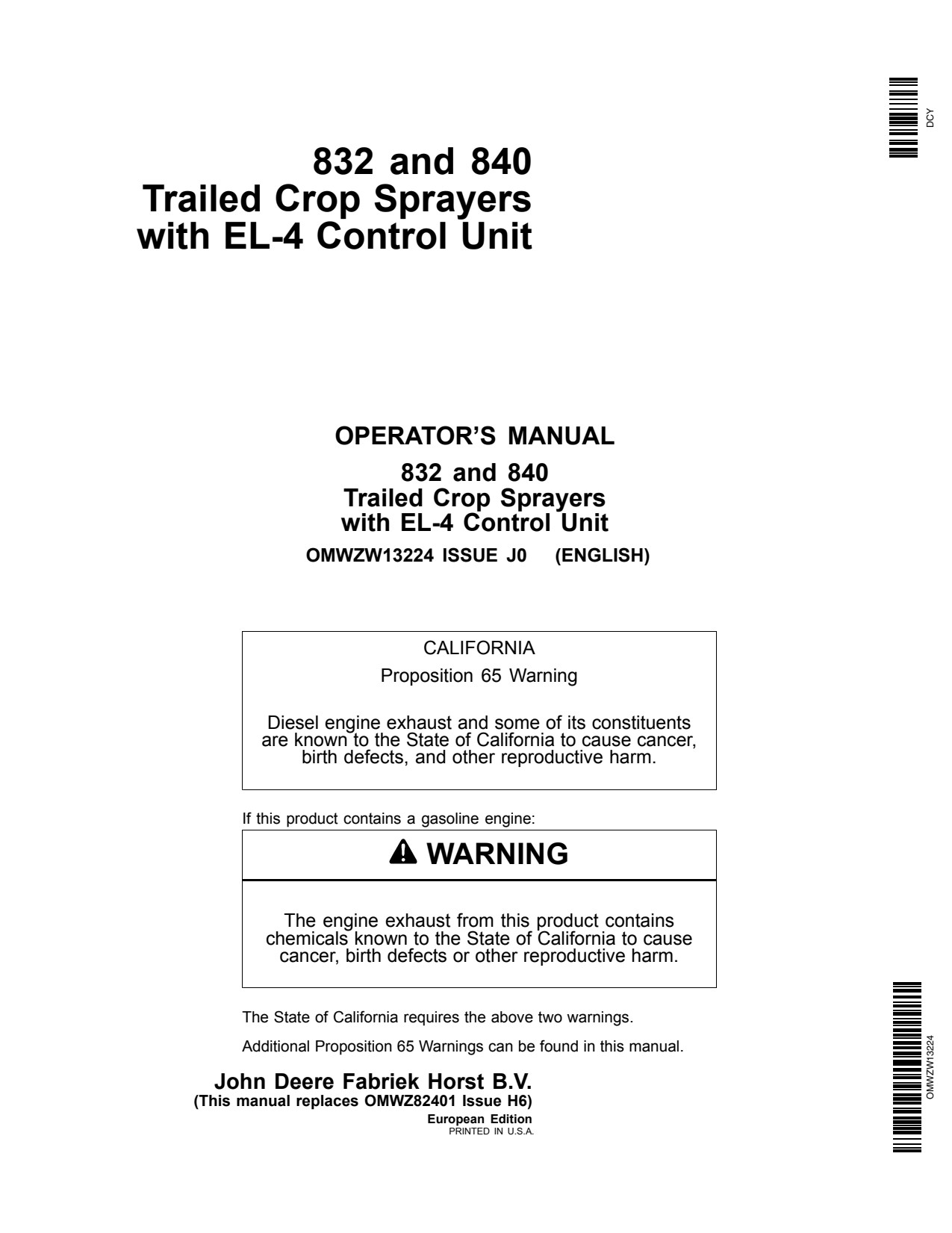 John Deere 832 840 EL-4 Trailed Crop Sprayer Operator Manual OMWZW13224 1 John Deere 832 840 EL-4 Trailed Crop Sprayer Operator Manual OMWZW13224