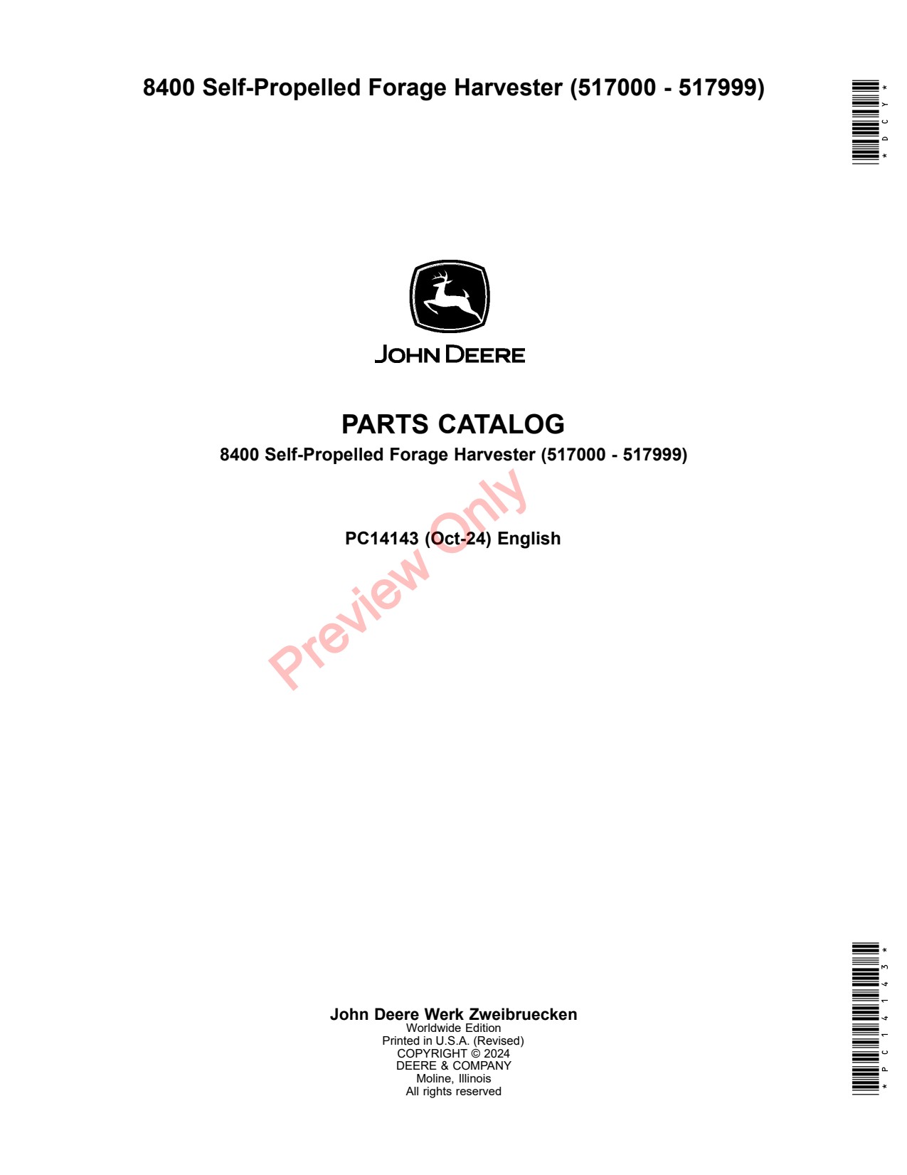 John Deere 8400 Self-propelled Forage Harvester Parts Catalog PC14143 1 John Deere 8400 Self-propelled Forage Harvester Parts Catalog PC14143