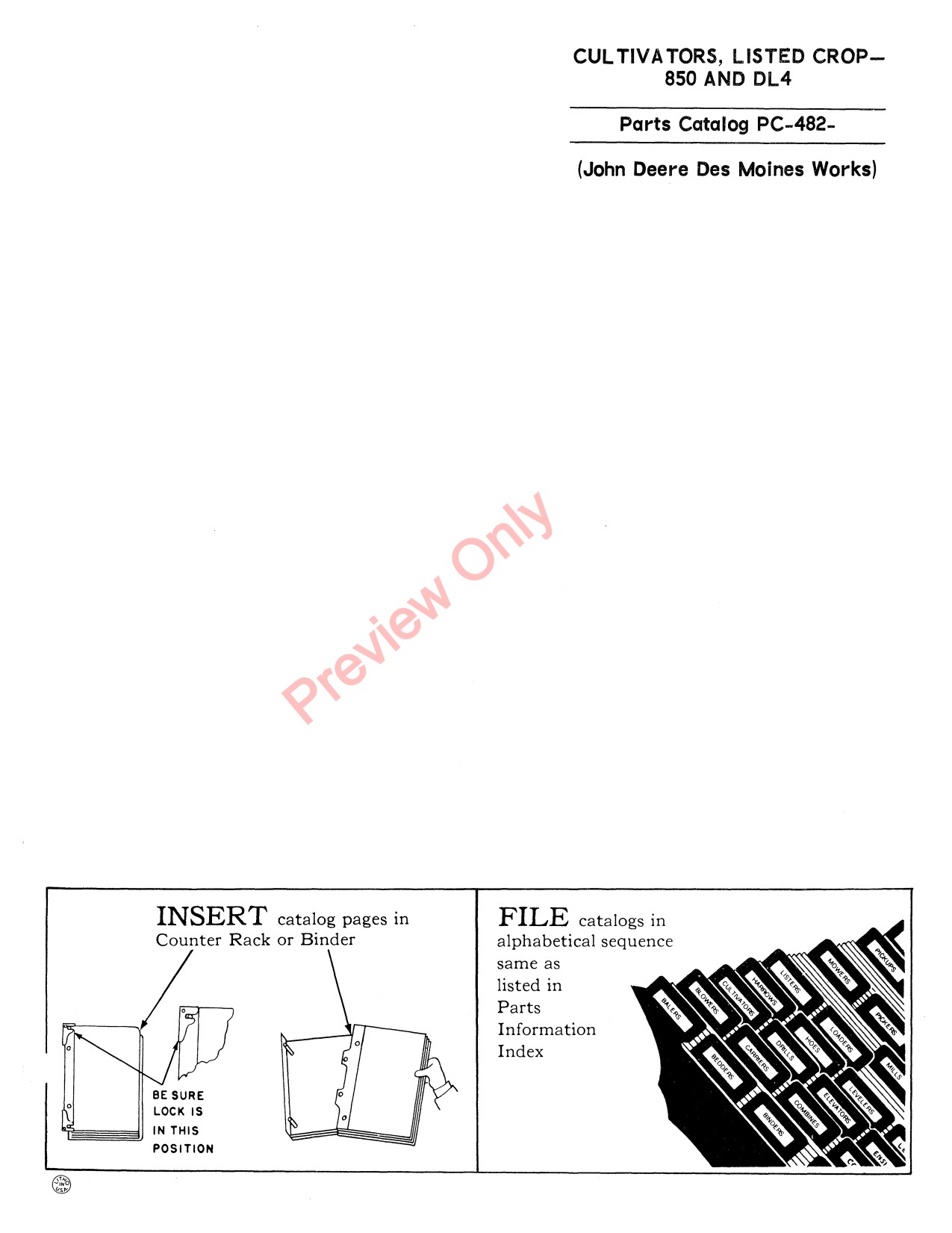 John Deere 850 DL4 Listed Crop Cultivator Parts Catalog PC482